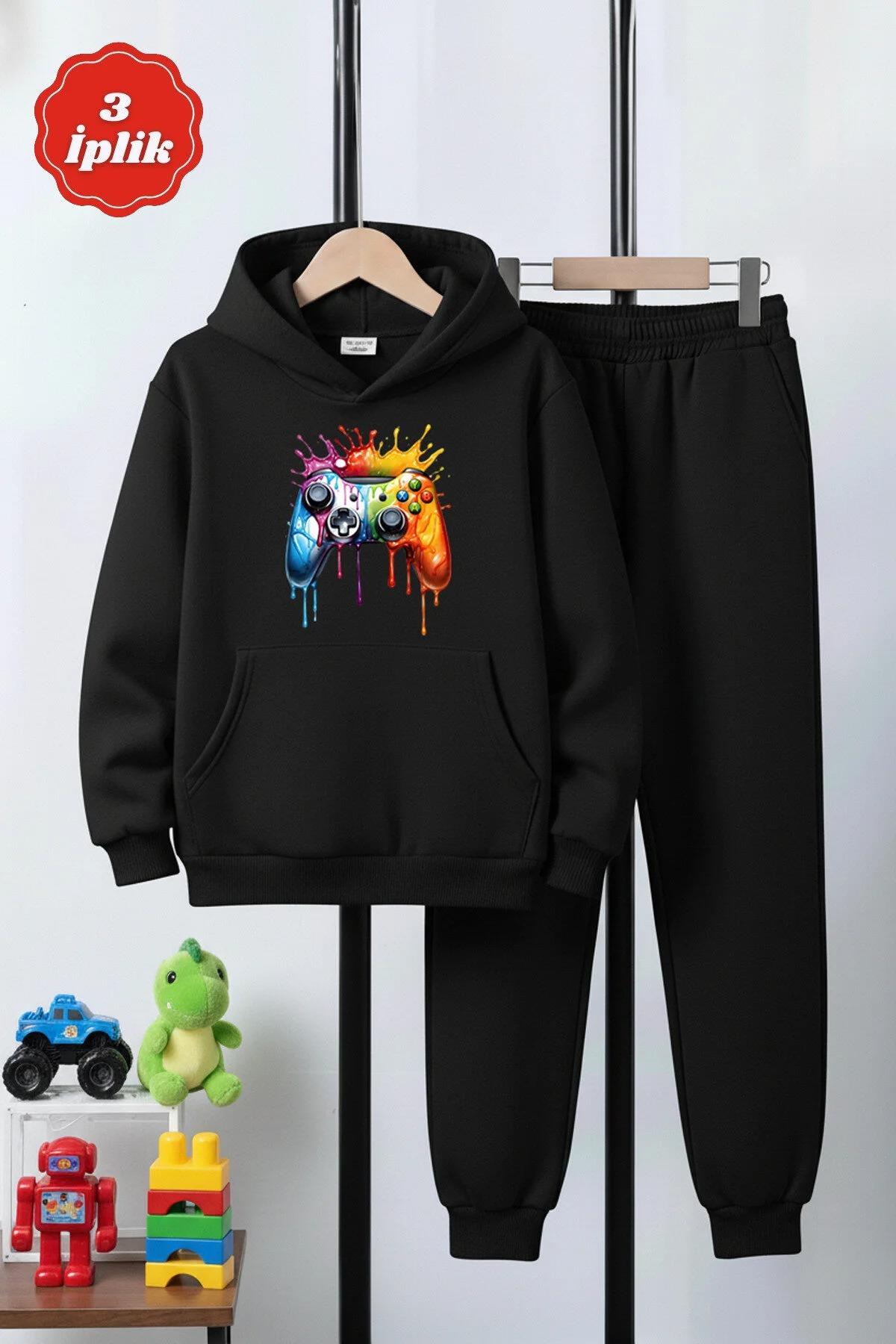 3 İplik Kapüşonlu Kanguru Cepli Kalın Şardonlu Oyun Tema Baskılı Erkek Çocuk Eşofman Takımı