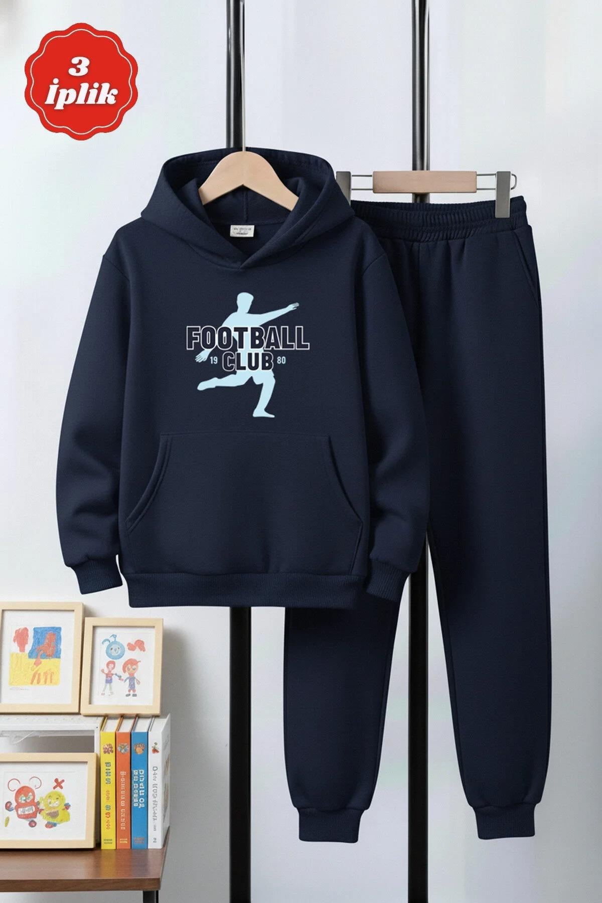 3 İplik Kapüşonlu Kanguru Cepli Kalın Şardonlu Footbal Club Baskı Detaylı Erkek Çocuk Eşofman Takımı