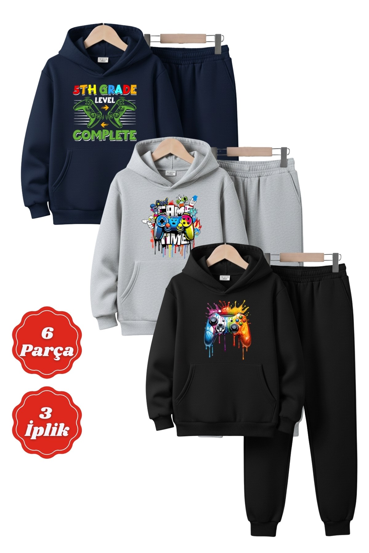 3 İplik Kapüşonlu Kanguru Cepli Şardonlu Kışlık Game Baskılı 6 Parça Erkek Çocuk Eşofman Takımı