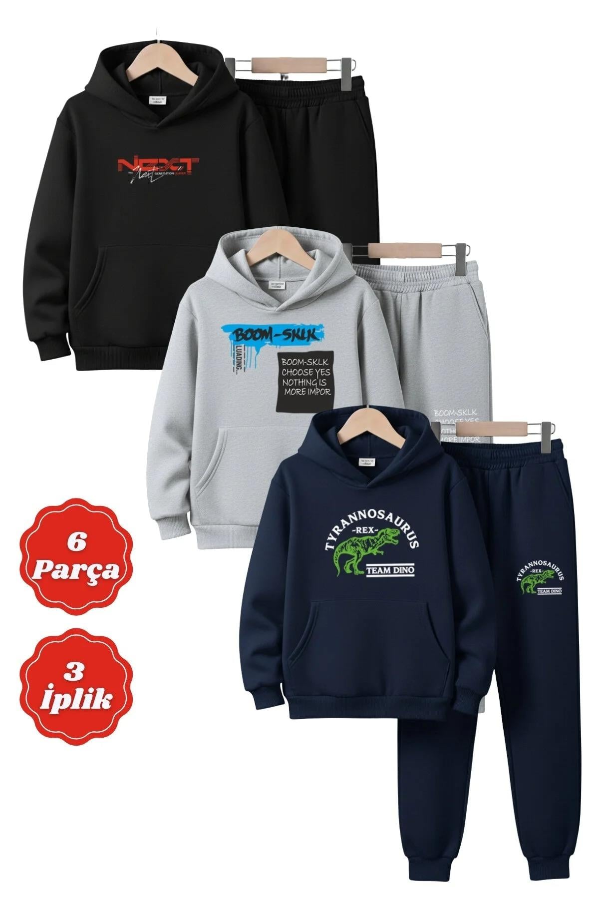 3 İplik Kapüşonlu Kanguru Cepli Şardonlu Kışlık Baskı Detaylı 6 Parça Erkek Çocuk Eşofman Takımı