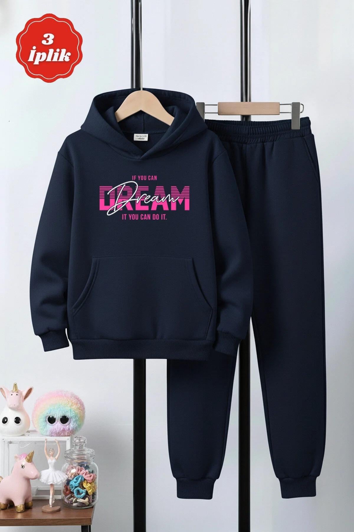 3 İplik Kapüşonlu Şardonlu Kalın Dream Baskı Detaylı Kanguru Cepli Kız Çocuk Eşofman Takımı