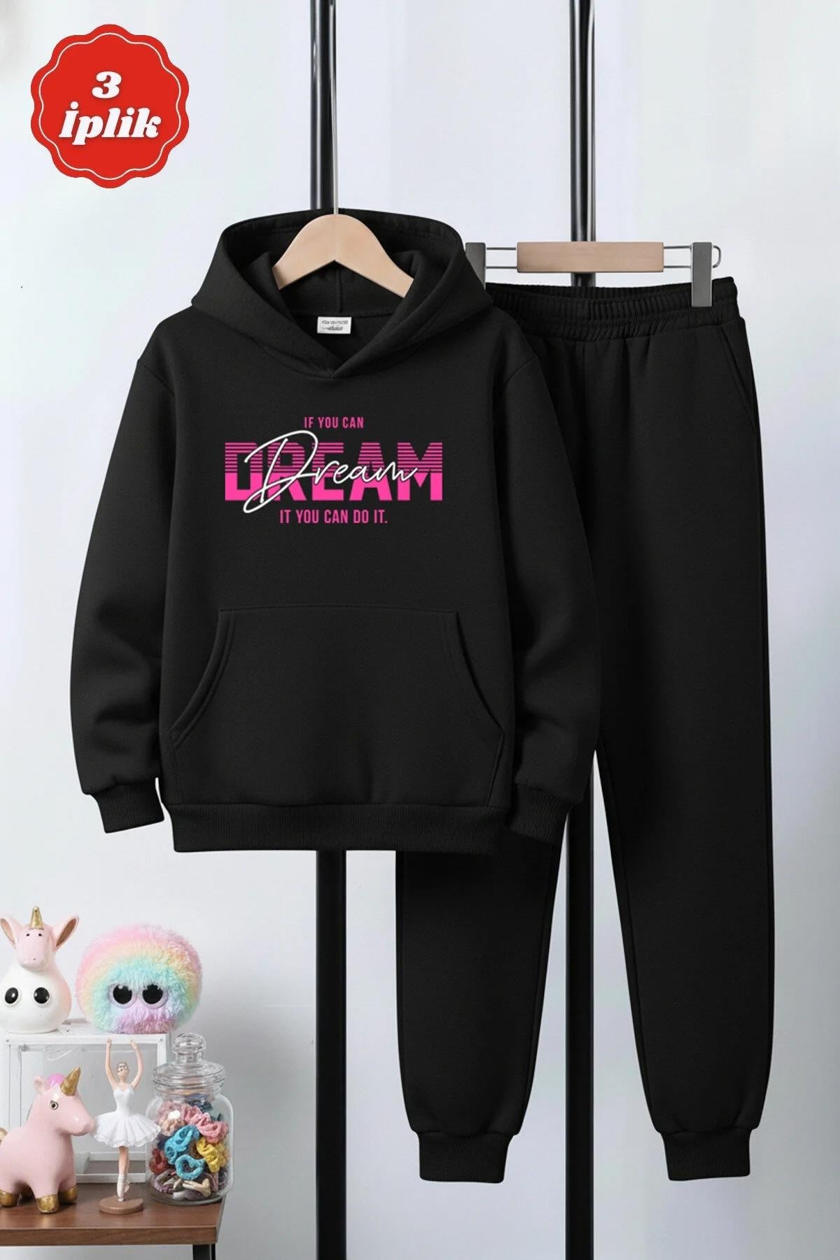 3 İplik Kapüşonlu Şardonlu Kalın Dream Baskı Detaylı Kanguru Cepli Kız Çocuk Eşofman Takımı