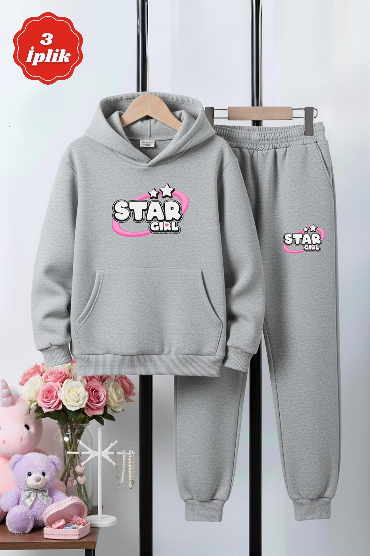 3 İplik Kapüşonlu Şardonlu Kışlık Girl Star Baskı Detaylı Kanguru Cepli Kız Çocuk Eşofman Takımı