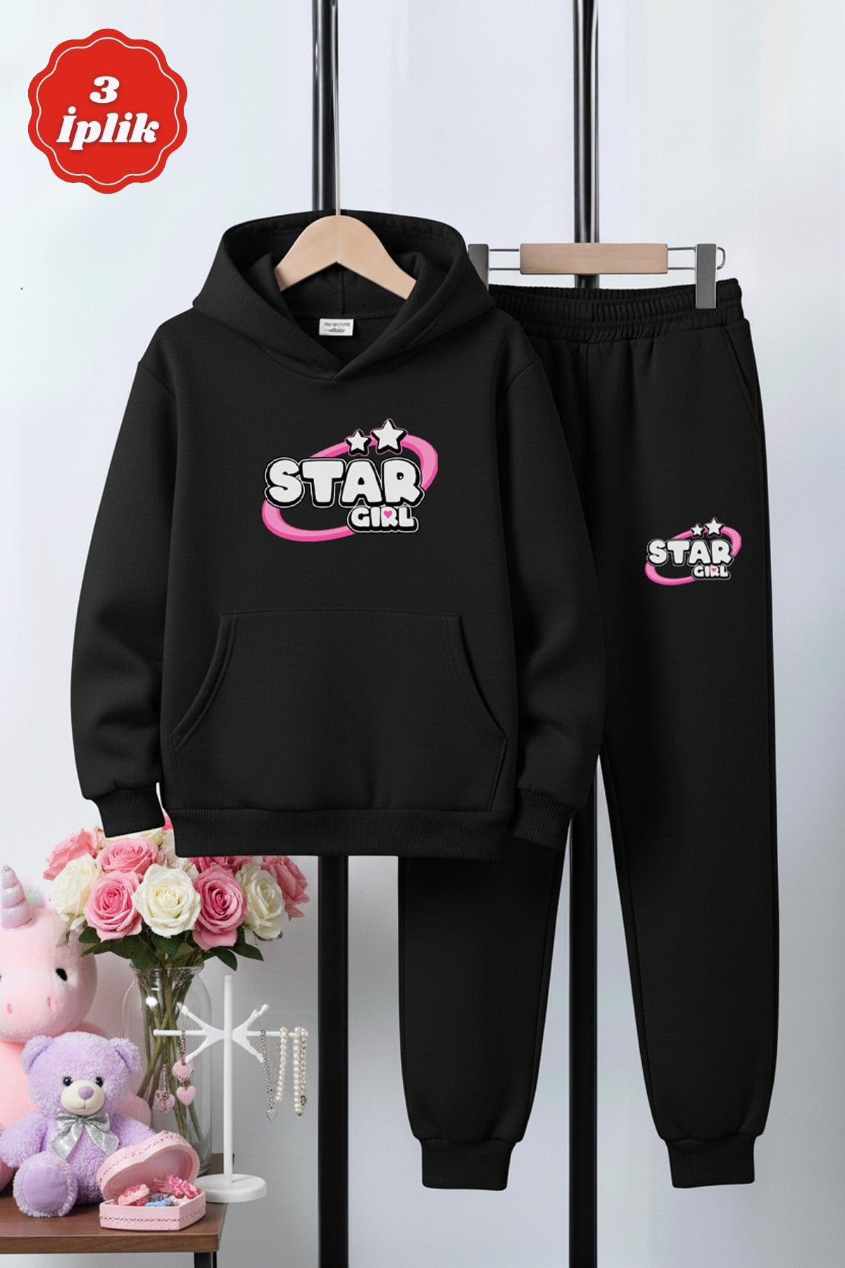3 İplik Kapüşonlu Şardonlu Kışlık Girl Star Baskı Detaylı Kanguru Cepli Kız Çocuk Eşofman Takımı