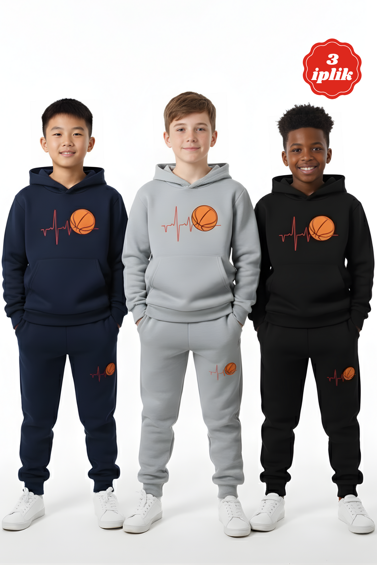 3 İplik Kışlık Kalın Basketbol Baskı Detaylı Kanguru Cepli Kapüşonlu Erkek Çocuk 3'lü Eşofman Takımı