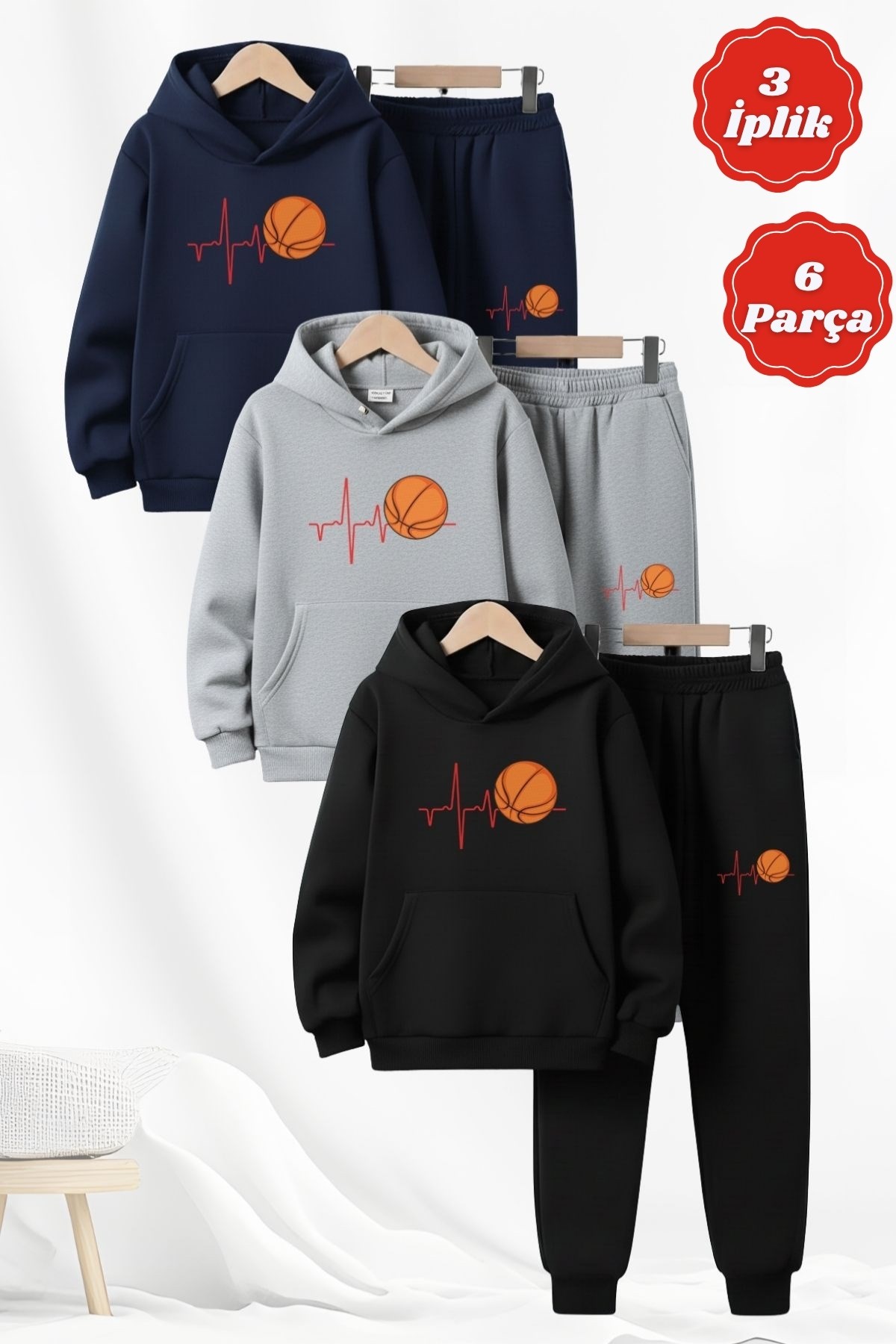 3 İplik Kışlık Kalın Basketbol Baskılı Kanguru Cepli Kapüşonlu 6 parça Erkek Çocuk Eşofman Takımı