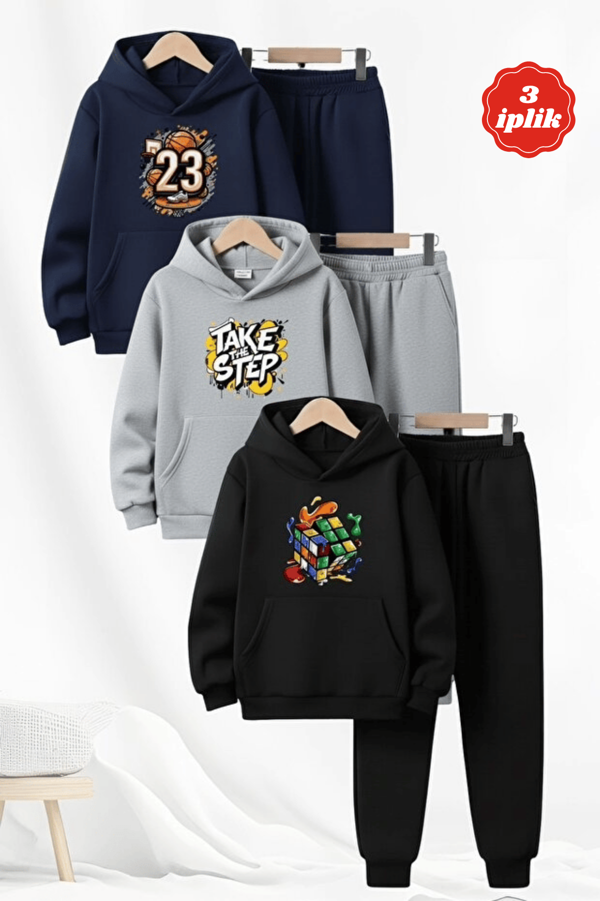 3 İplik Şardonlu Kışlık Baskı Detaylı Kanguru Cepli Kapüşonlu Erkek Çocuk 3'lü Eşofman Takımı