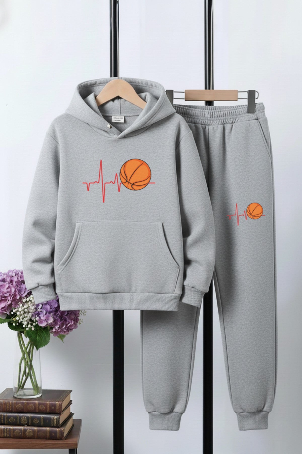 3 İplik Şardonlu Kışlık Nabız Basketbol Baskılı Kanguru Cepli Kapüşonlu Erkek Çocuk Eşofman Takımı