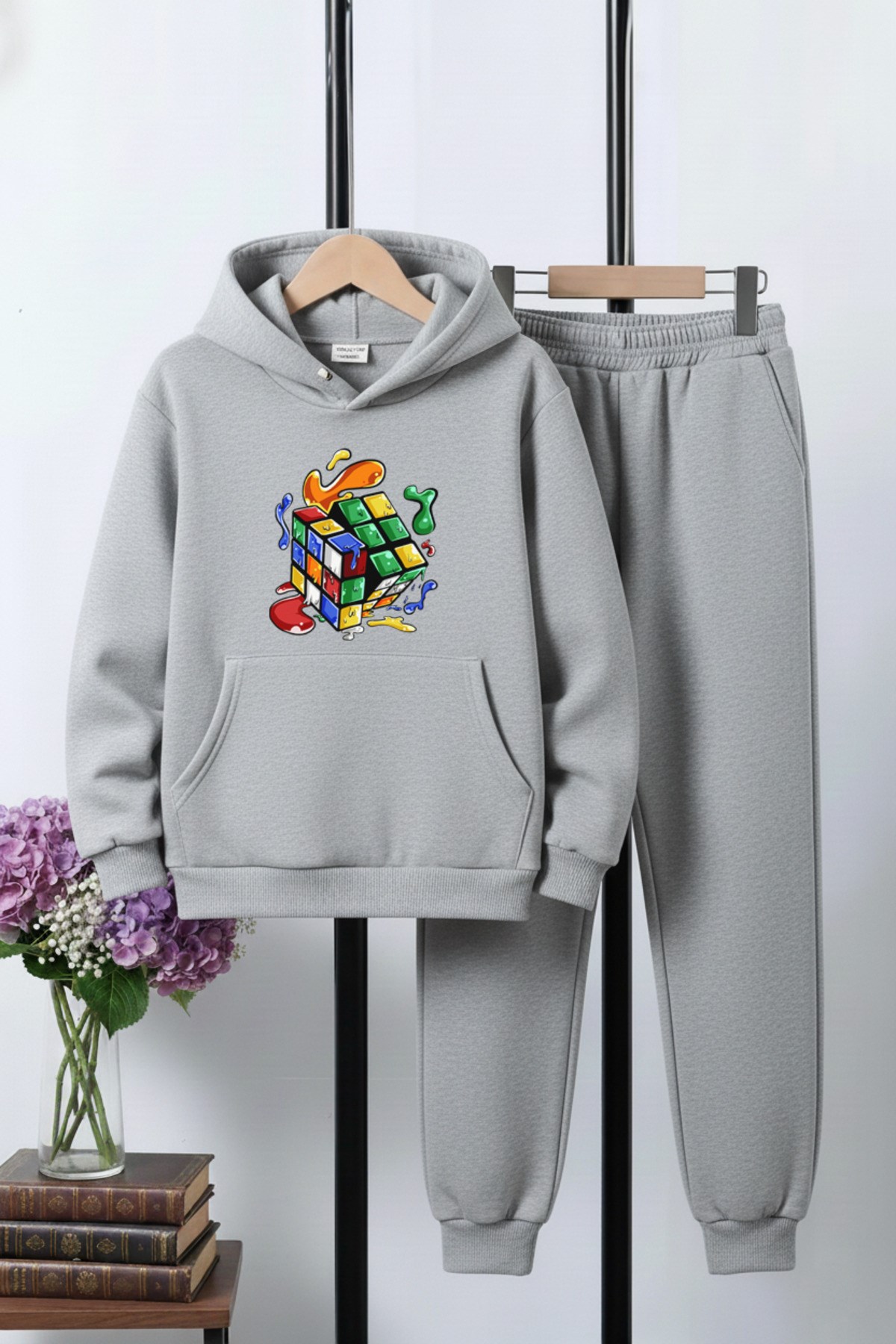 3 İplik Şardonlu Kışlık Rubik Küp Baskılı Kanguru Cepli Kapüşonlu Erkek Çocuk Eşofman Takımı