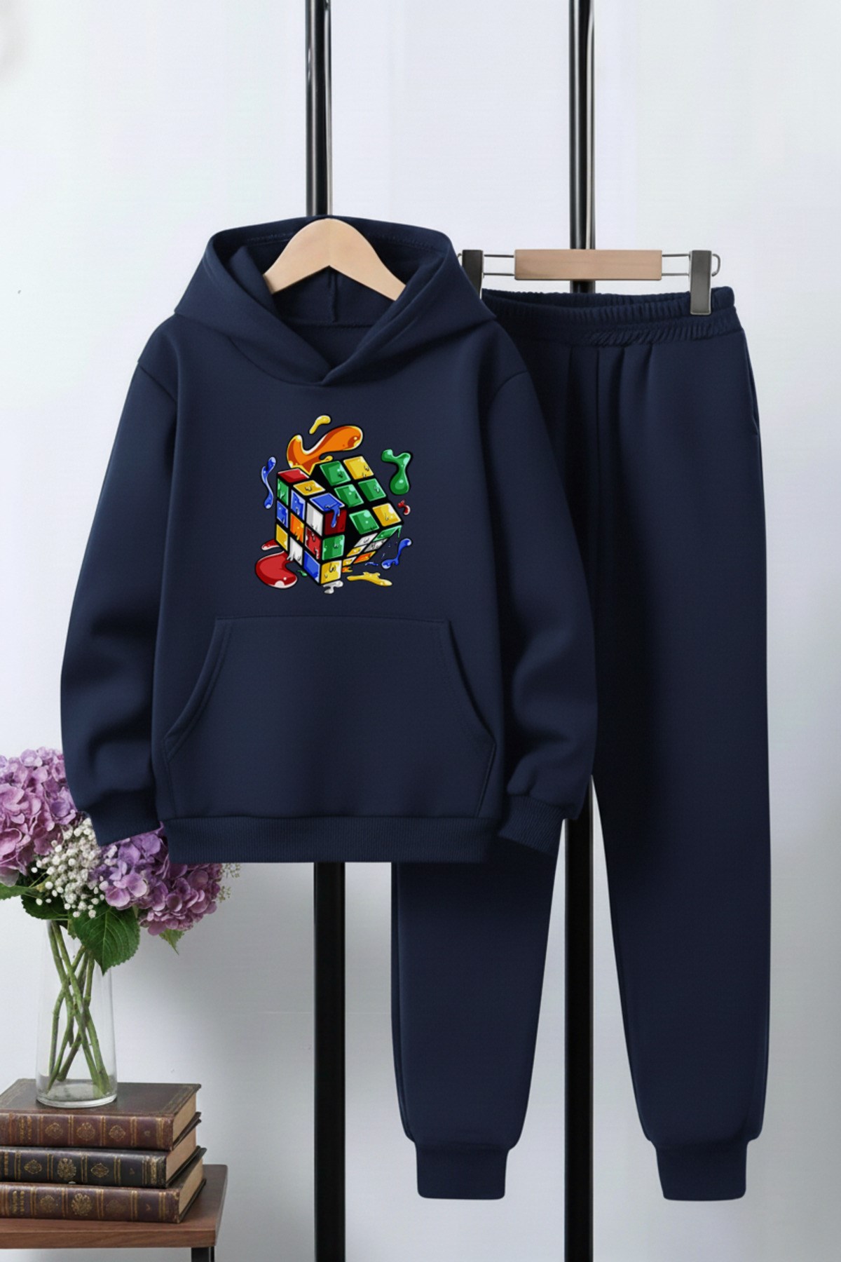 3 İplik Şardonlu Kışlık Rubik Küp Baskılı Kanguru Cepli Kapüşonlu Erkek Çocuk Eşofman Takımı
