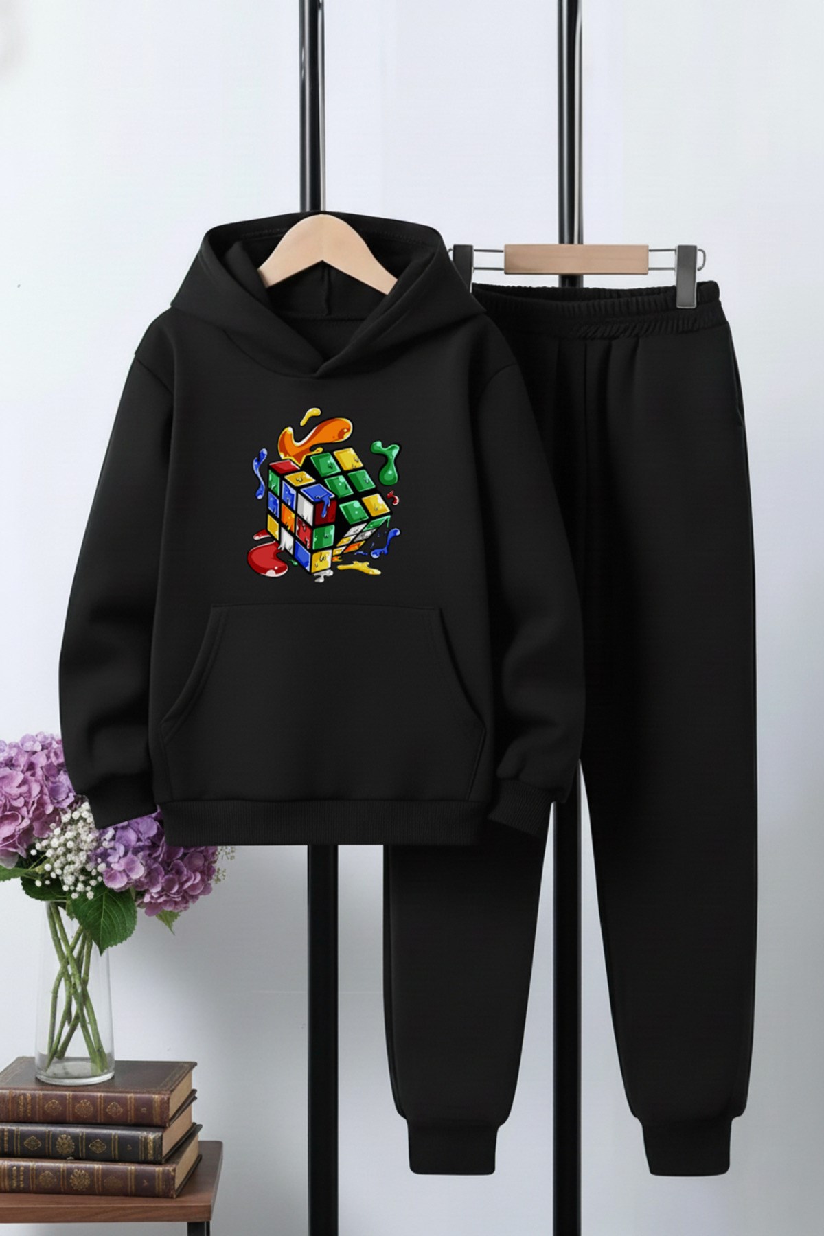 3 İplik Şardonlu Kışlık Rubik Küp Baskılı Kanguru Cepli Kapüşonlu Erkek Çocuk Eşofman Takımı