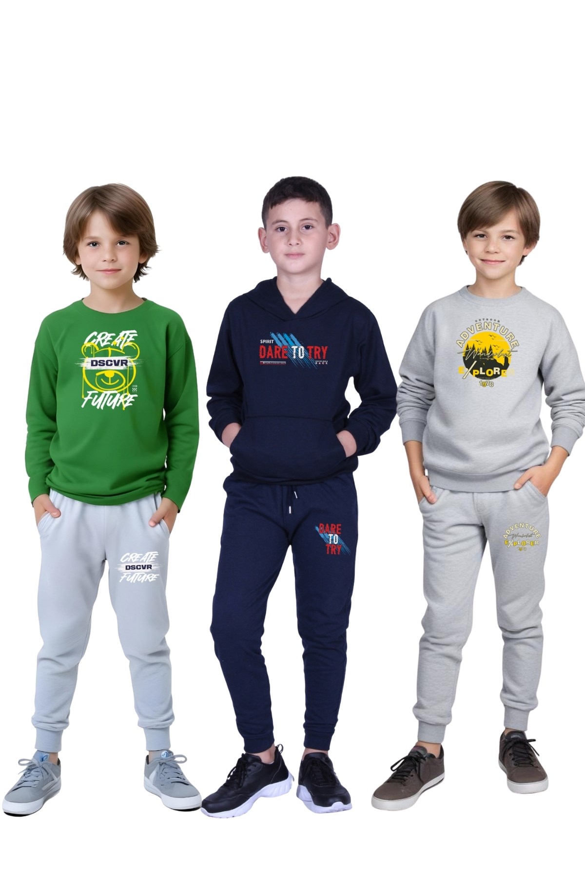3 LÜ ERKEK ÇOCUK BASKILI KANGURU CEPLİ KAPÜŞONLU/SIFIR YAKA EŞOFMAN TAKIMI