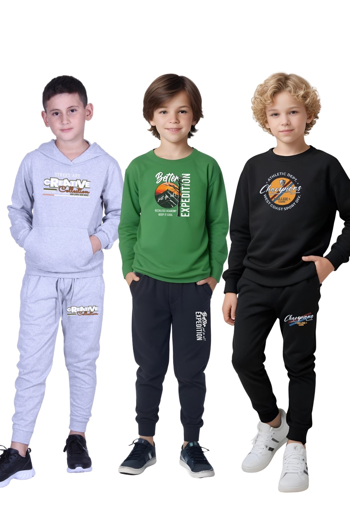 3 LÜ ERKEK ÇOCUK BASKILI KANGURU CEPLİ KAPÜŞONLU/SIFIR YAKA EŞOFMAN TAKIMI