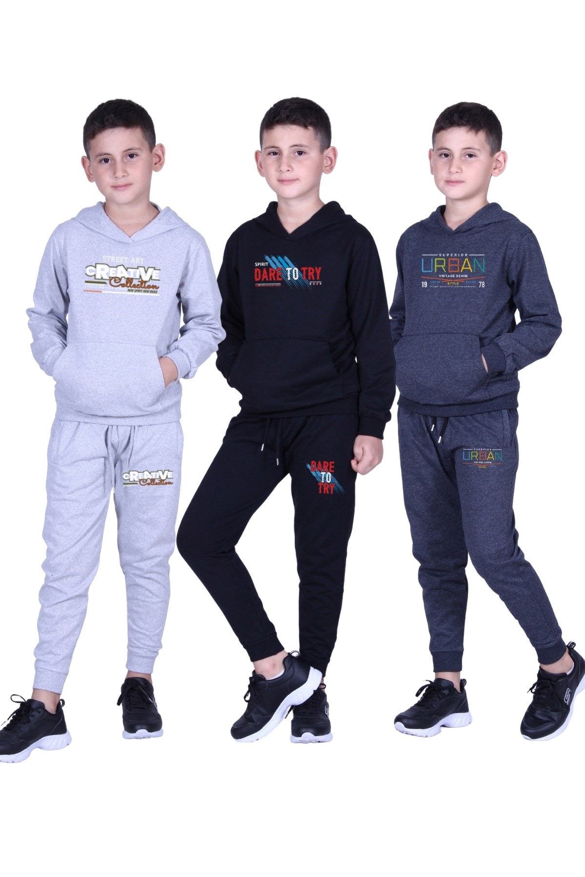 3'lü BASKI DETAYLI KAPÜŞONLU ERKEK ÇOCUK EŞOFMAN TAKIMI
