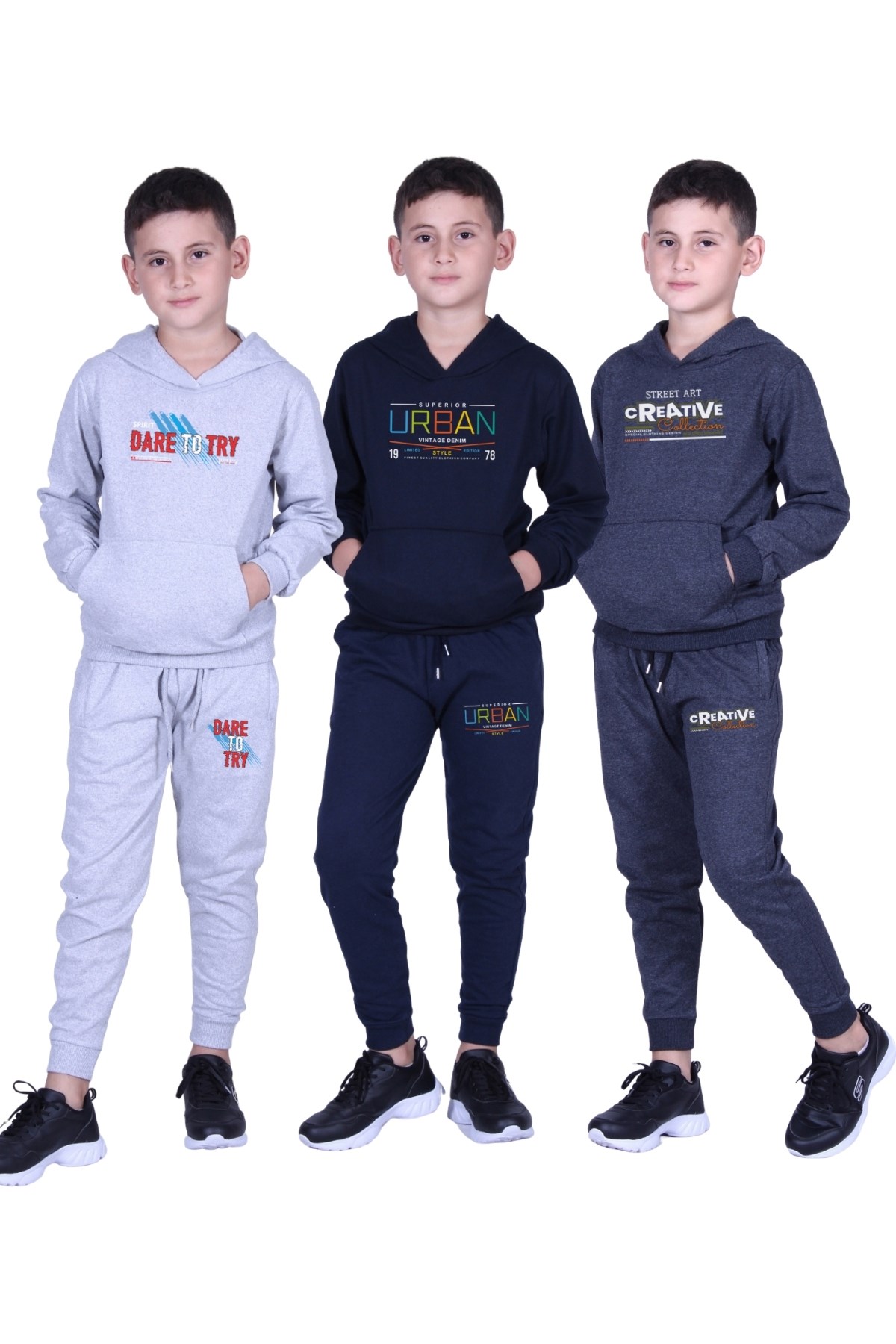 3'lü BASKI DETAYLI KAPÜŞONLU ERKEK ÇOCUK EŞOFMAN TAKIMI