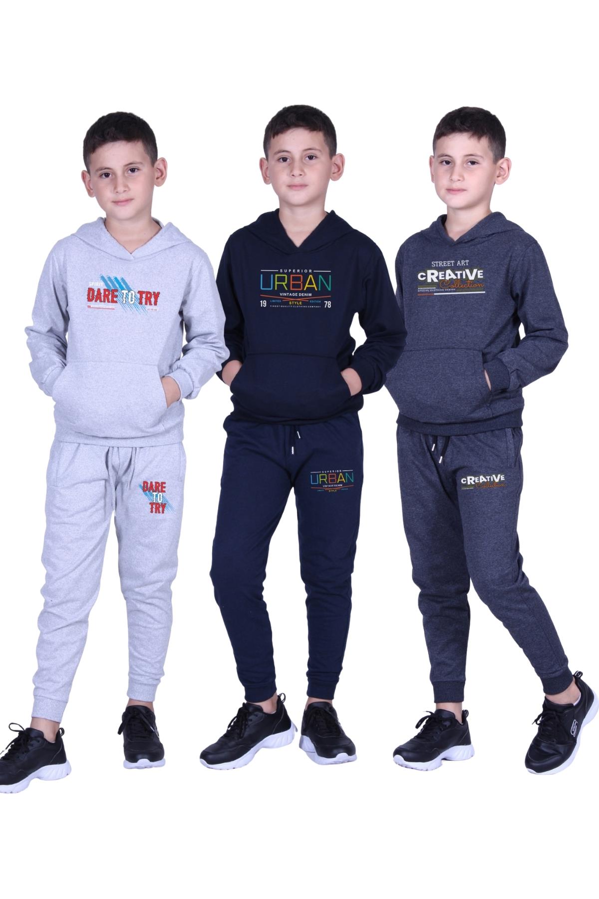 3'lü BASKI DETAYLI KAPÜŞONLU ERKEK ÇOCUK EŞOFMAN TAKIMI