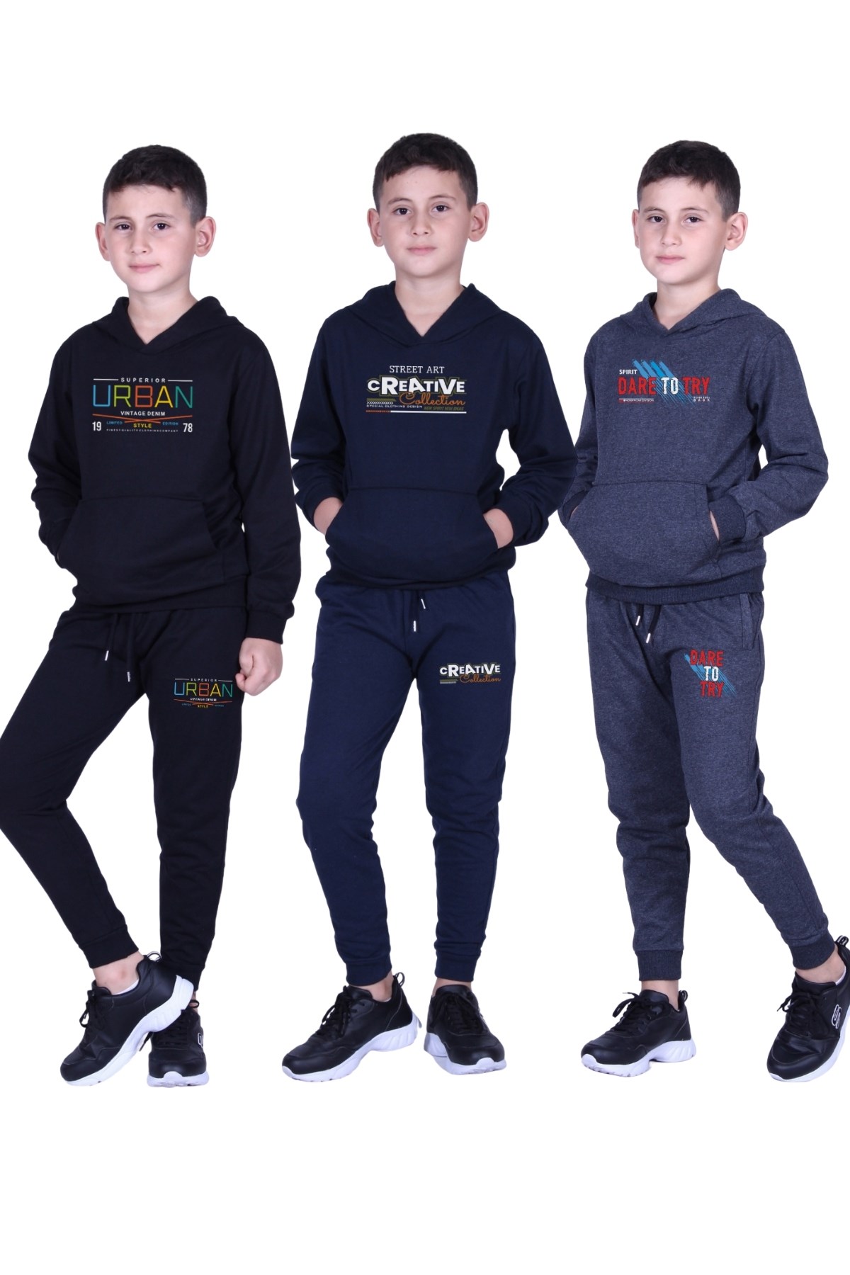 3'lü BASKI DETAYLI KAPÜŞONLU ERKEK ÇOCUK EŞOFMAN TAKIMI
