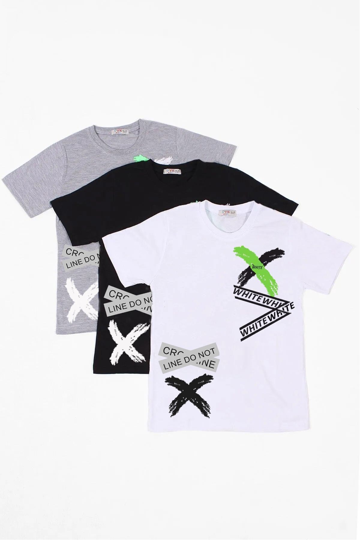3lü Baskılı Collection Erkek Çocuk Beyaz Siyah Gri T-shirt