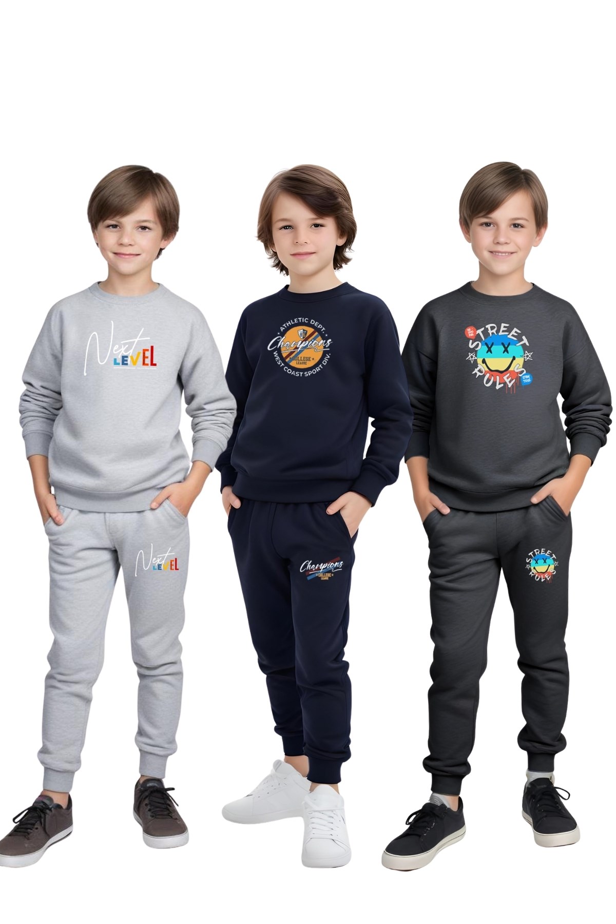 3'lü ERKEK ÇOCUK BASKI DETAYLI YUVARLAK YAKA EŞOFMAN TAKIMI