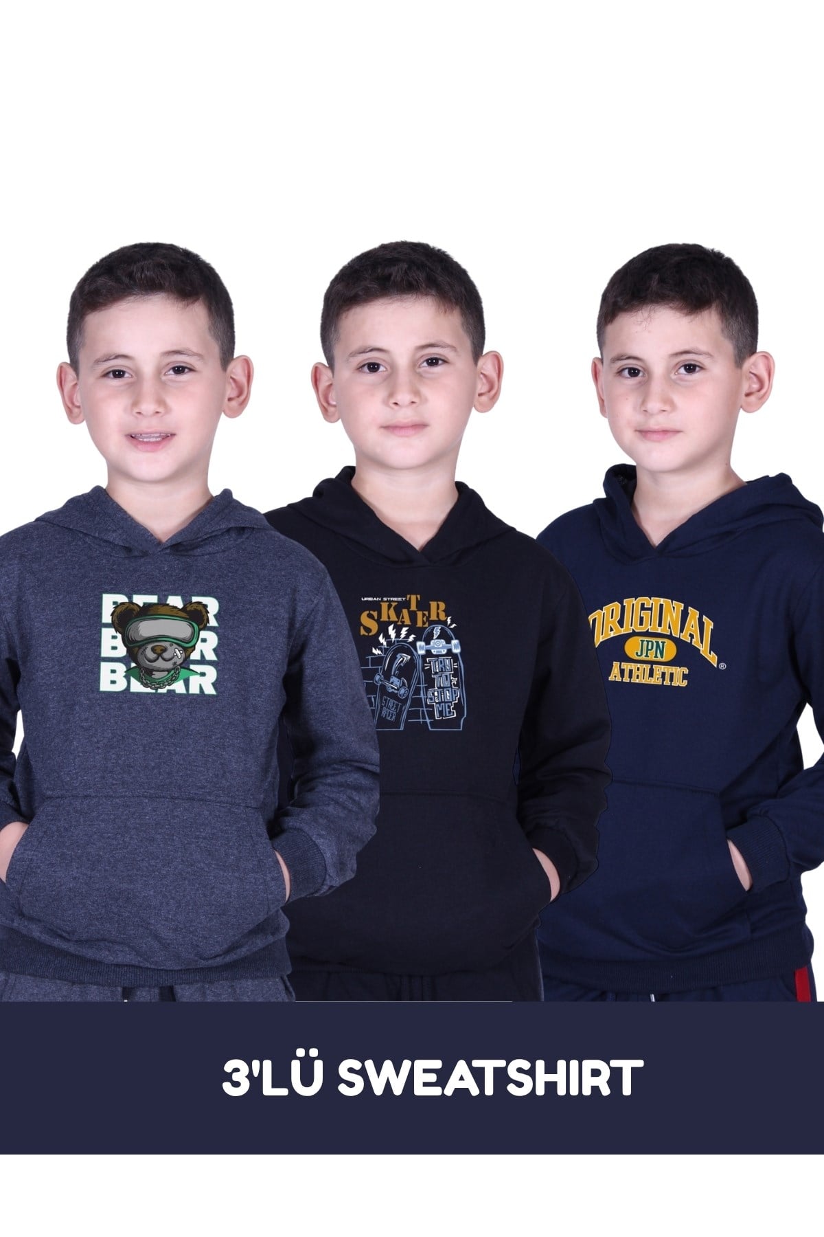 3'LÜ ERKEK ÇOCUK BASKILI CEPLİ KAPÜŞONLU SWEATSHİRT
