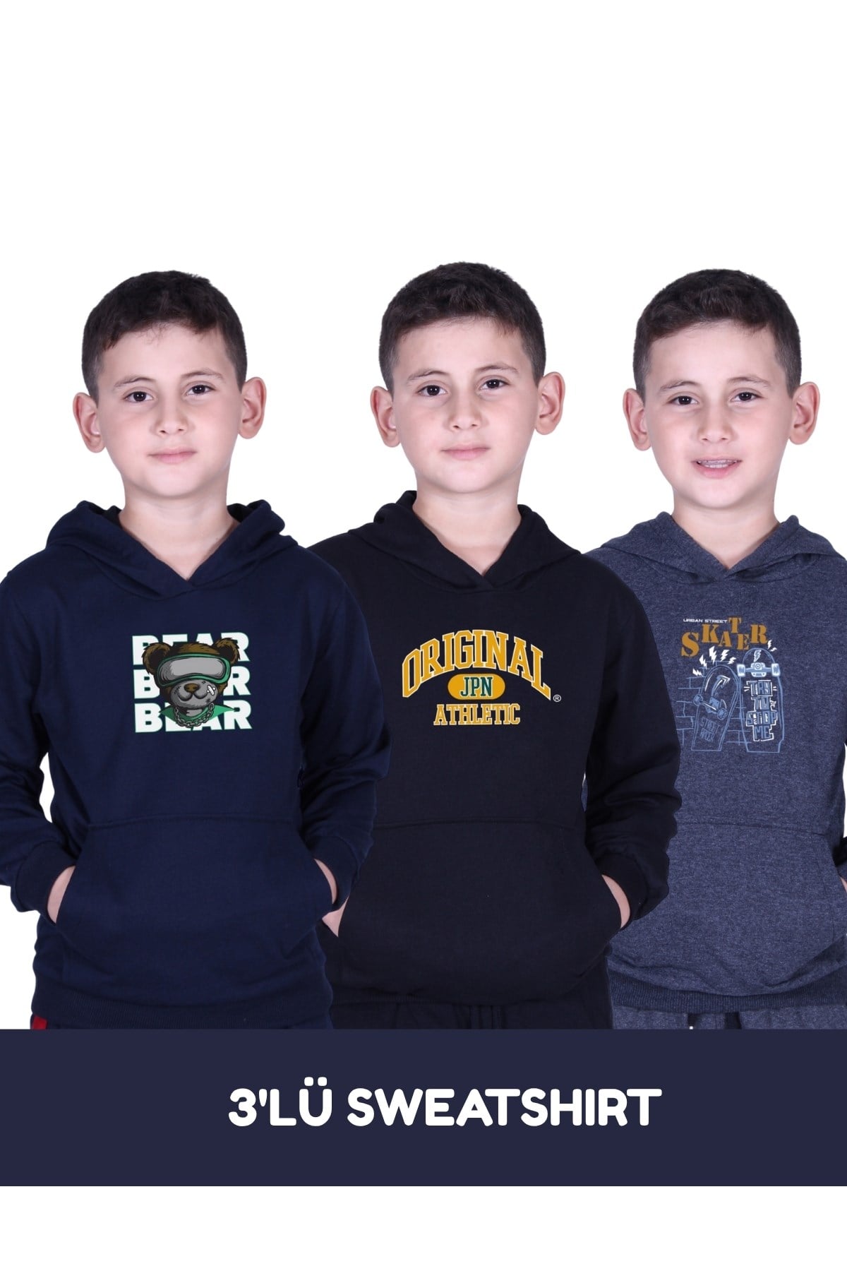 3'LÜ ERKEK ÇOCUK BASKILI CEPLİ KAPÜŞONLU SWEATSHİRT