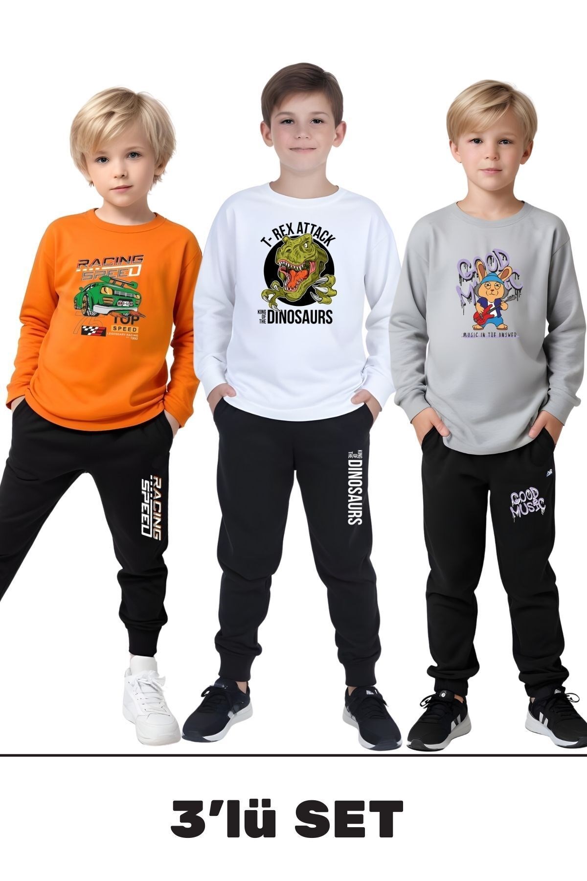 3'lü Erkek Çocuk Baskılı Yuvarlak Yaka Alt-Üst Pijama Takımı