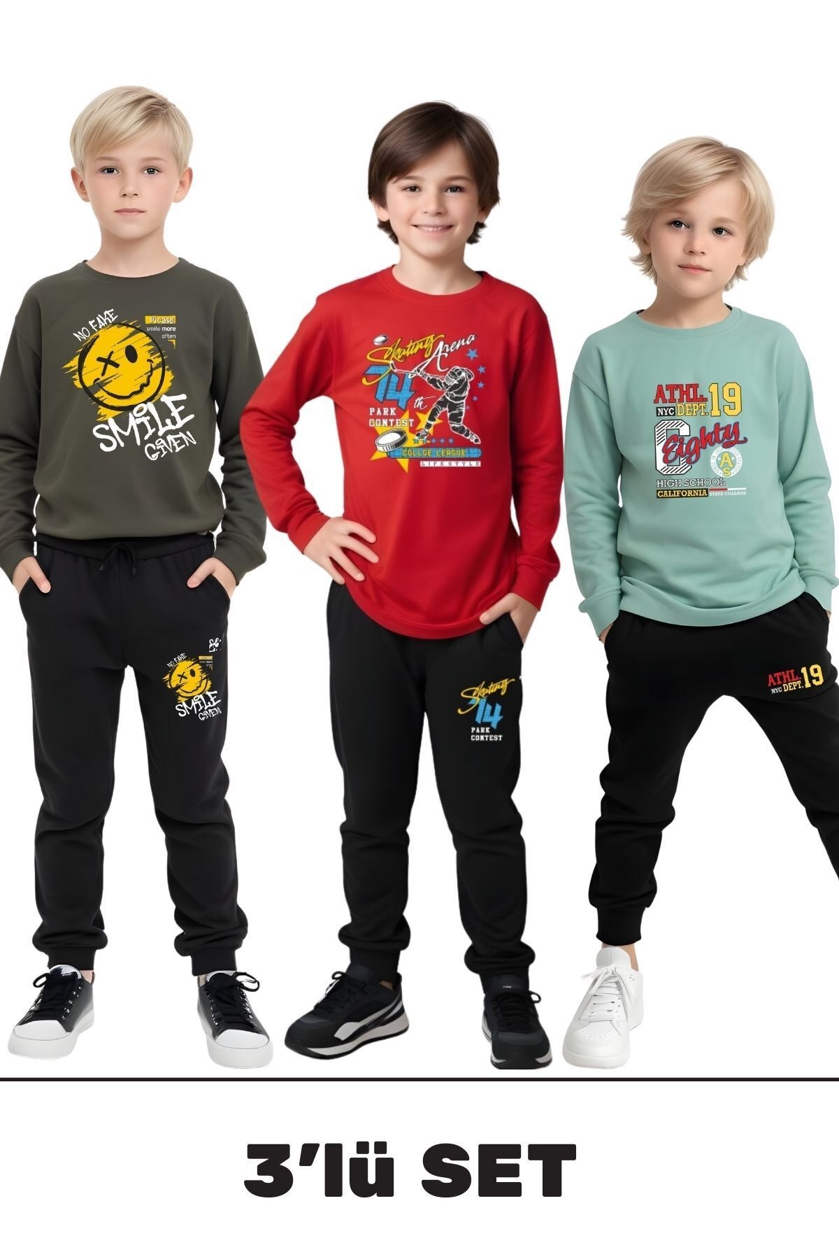 3'lü Erkek Çocuk Baskılı Yuvarlak Yaka Alt-Üst Pijama Takımı