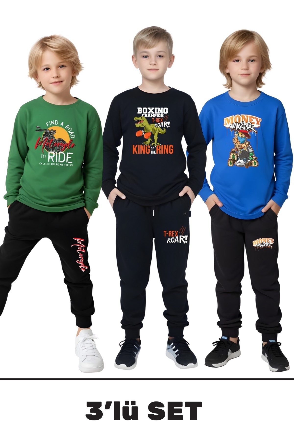 3'lü Erkek Çocuk Baskılı Yuvarlak Yaka Alt-Üst Pijama Takımı