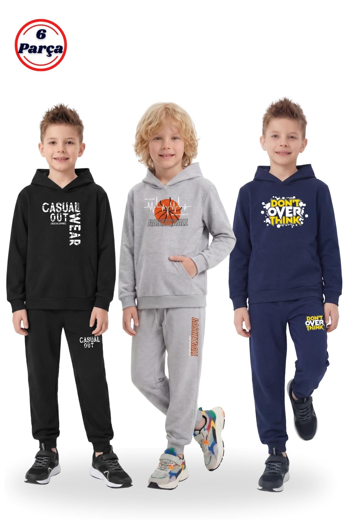 3'lü Erkek Çocuk Çeşitli Baskılı Kapüşonlu Eşofman Takımı 6 Parça – Günlük & Spor