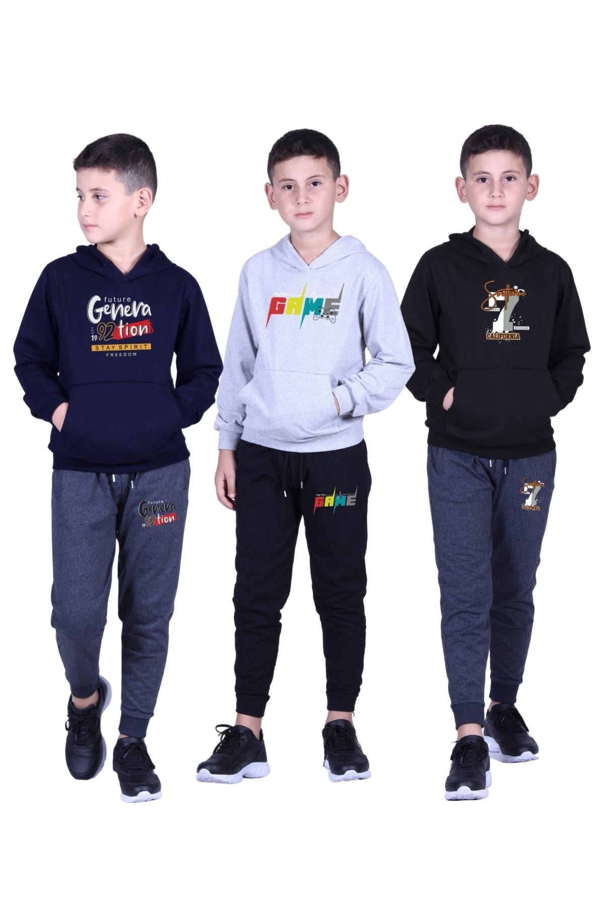 3'lü ERKEK ÇOCUK KAPÜŞONLU BASKI DETAYLI EŞOFMAN TAKIMI