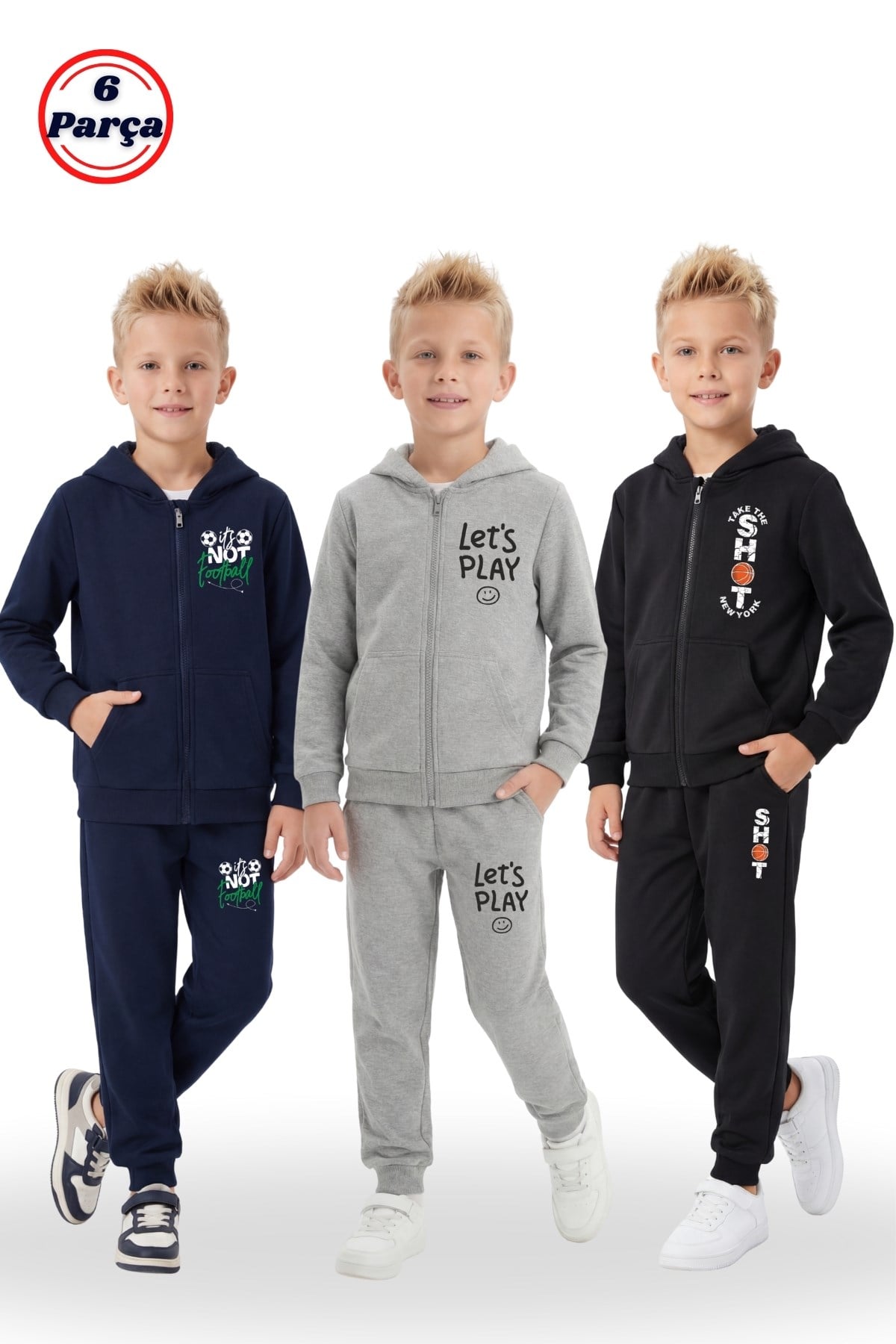 3'lü Fermuarlı Baskı Detaylı Kanguru Cepli 6 Parça Erkek Çocuk Eşofman Takımı