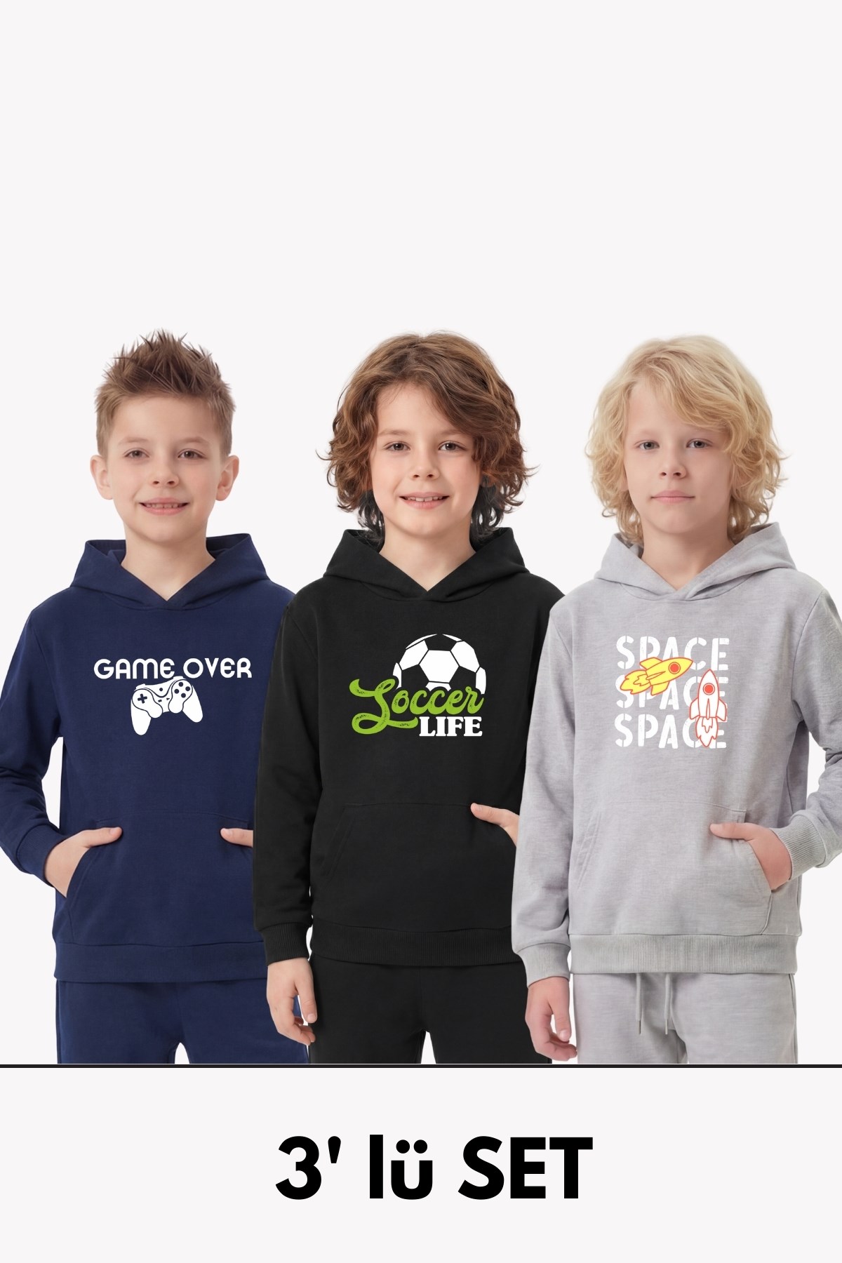 3'lü Kanguru Cepli Kapüşon Detaylı Baskılı Erkek Çocuk 3 Parça Sweatshirt