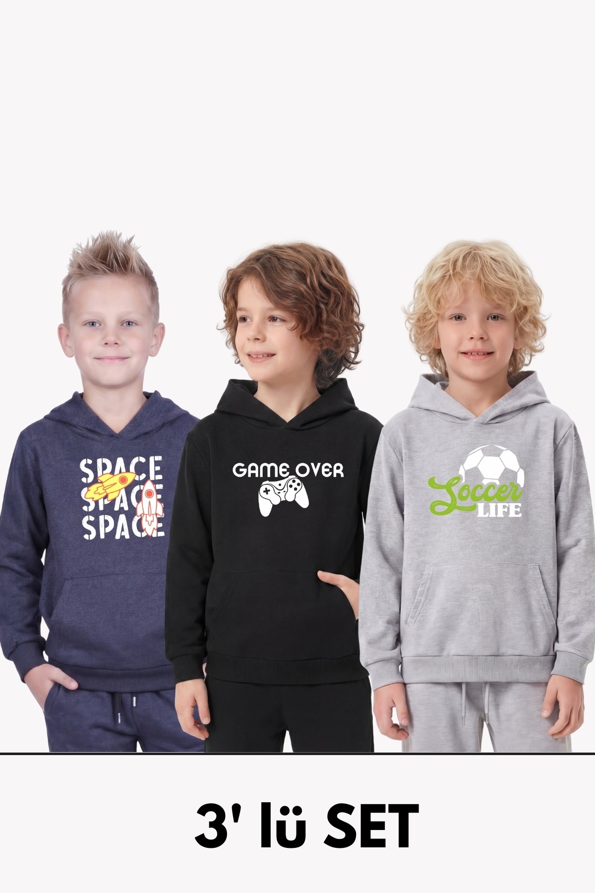 3'lü Kanguru Cepli Kapüşon Detaylı Baskılı Erkek Çocuk 3 Parça Sweatshirt