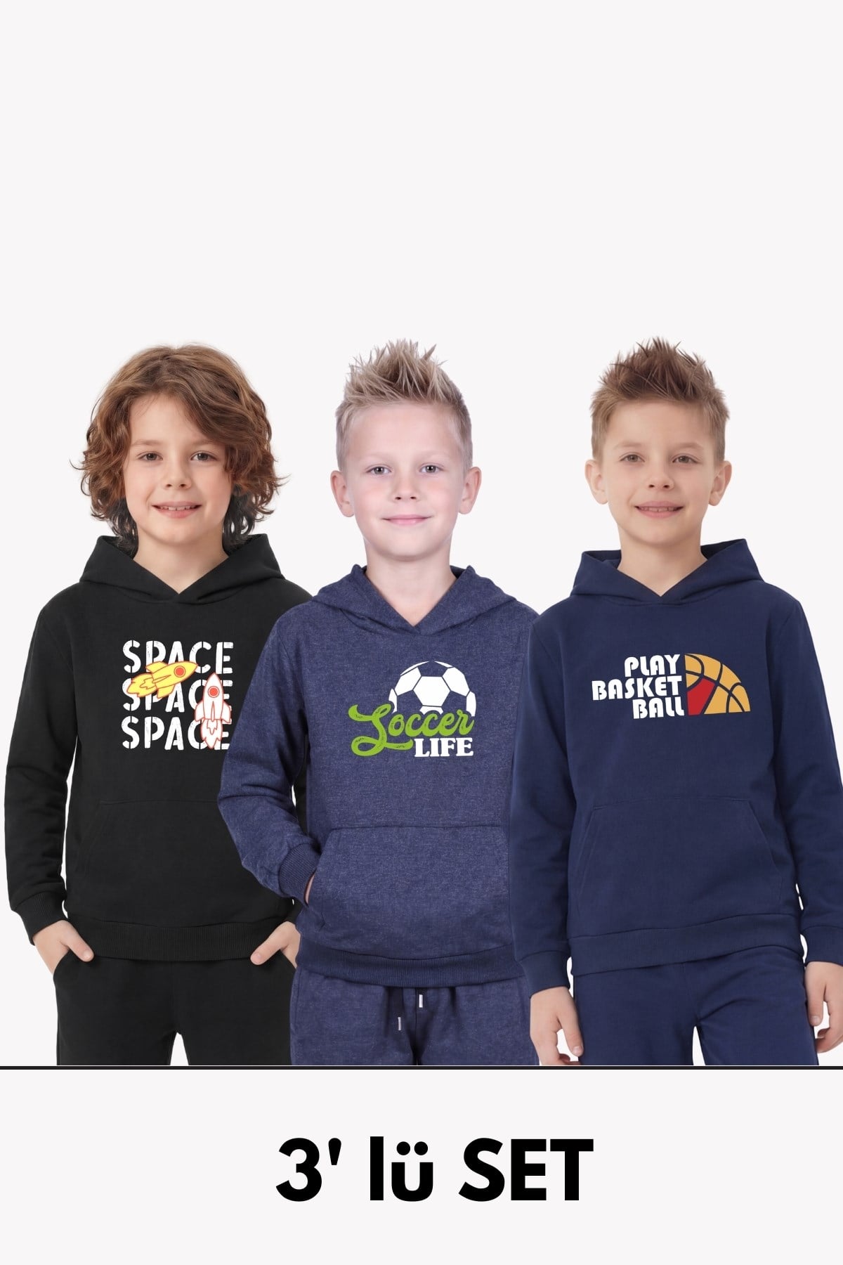 3'lü Kanguru Cepli Kapüşon Detaylı Baskılı Erkek Çocuk 3 Parça Sweatshirt