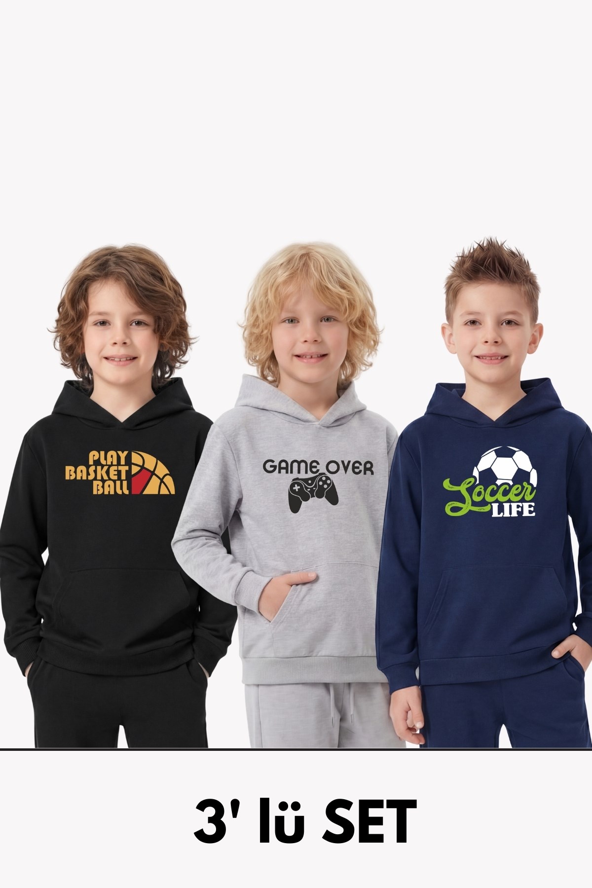 3'lü Kanguru Cepli Kapüşon Detaylı Baskılı Erkek Çocuk 3 Parça Sweatshirt