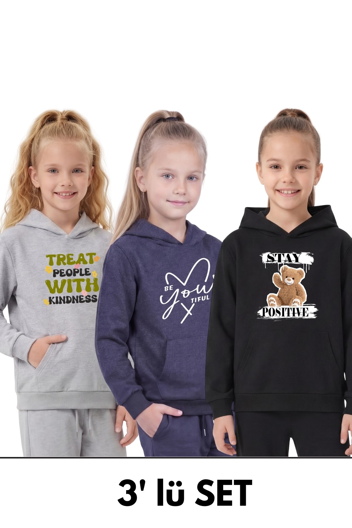 3'lü Kanguru Cepli Kapüşonlu Karışık Baskı Detaylı Kız Çocuk Sweatshirt