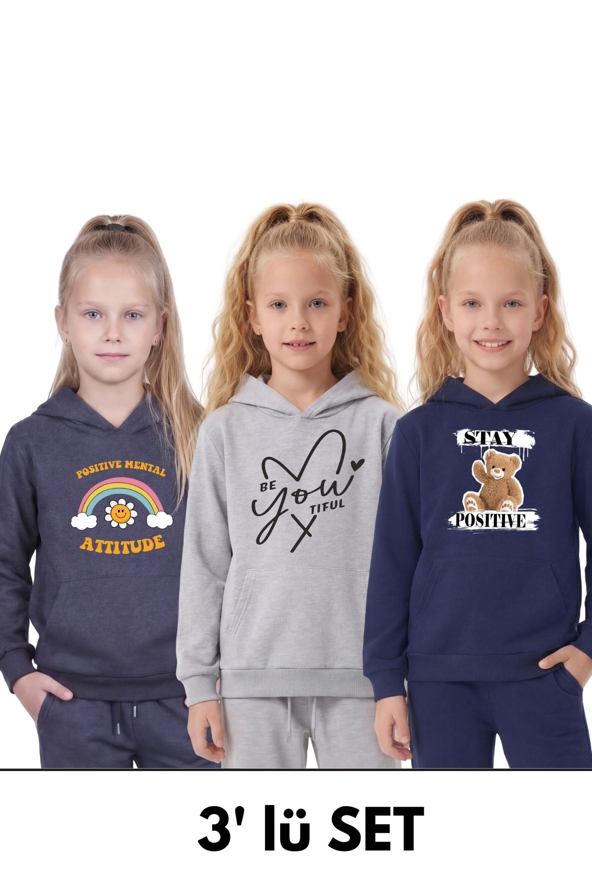 3'lü Kanguru Cepli Kapüşonlu Karışık Baskı Detaylı Kız Çocuk Sweatshirt