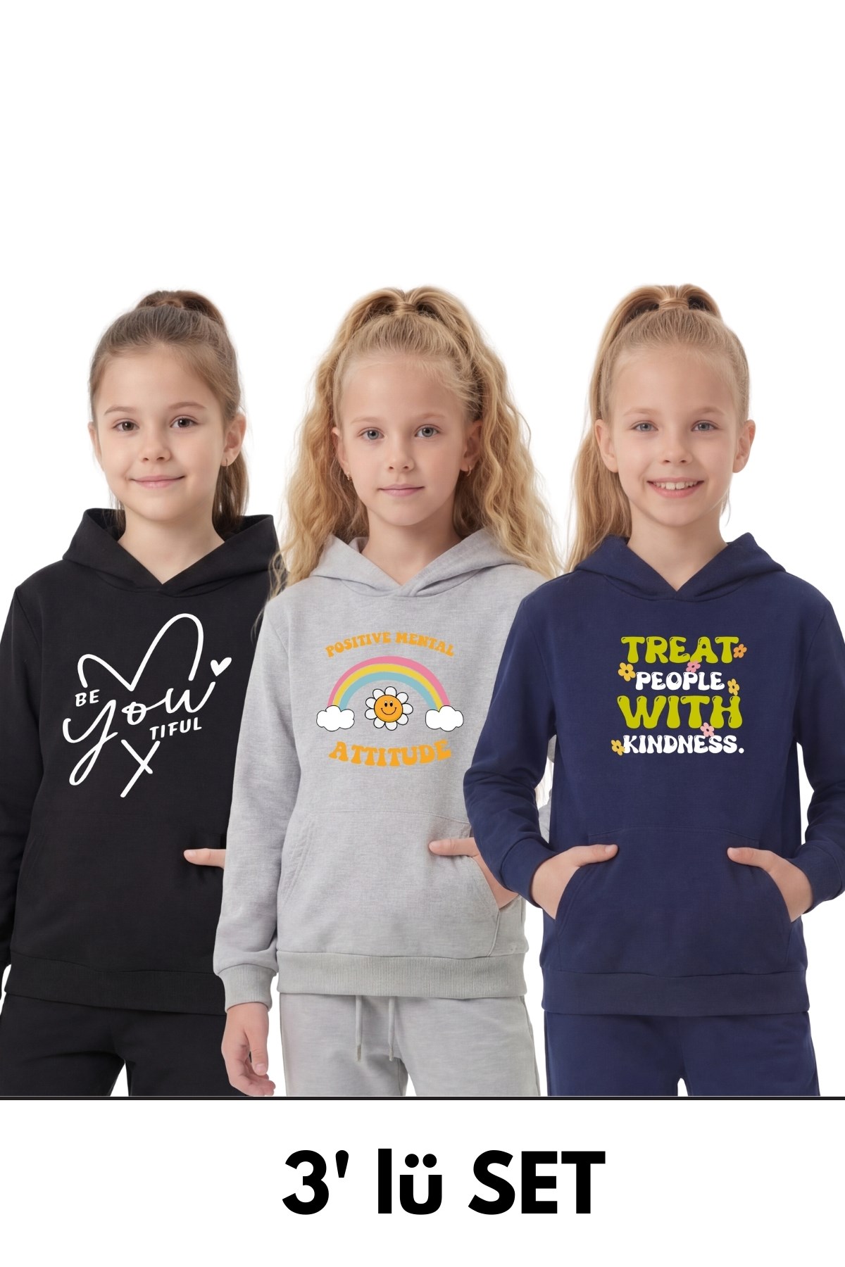 3'lü Kanguru Cepli Kapüşonlu Karışık Baskı Detaylı Kız Çocuk Sweatshirt