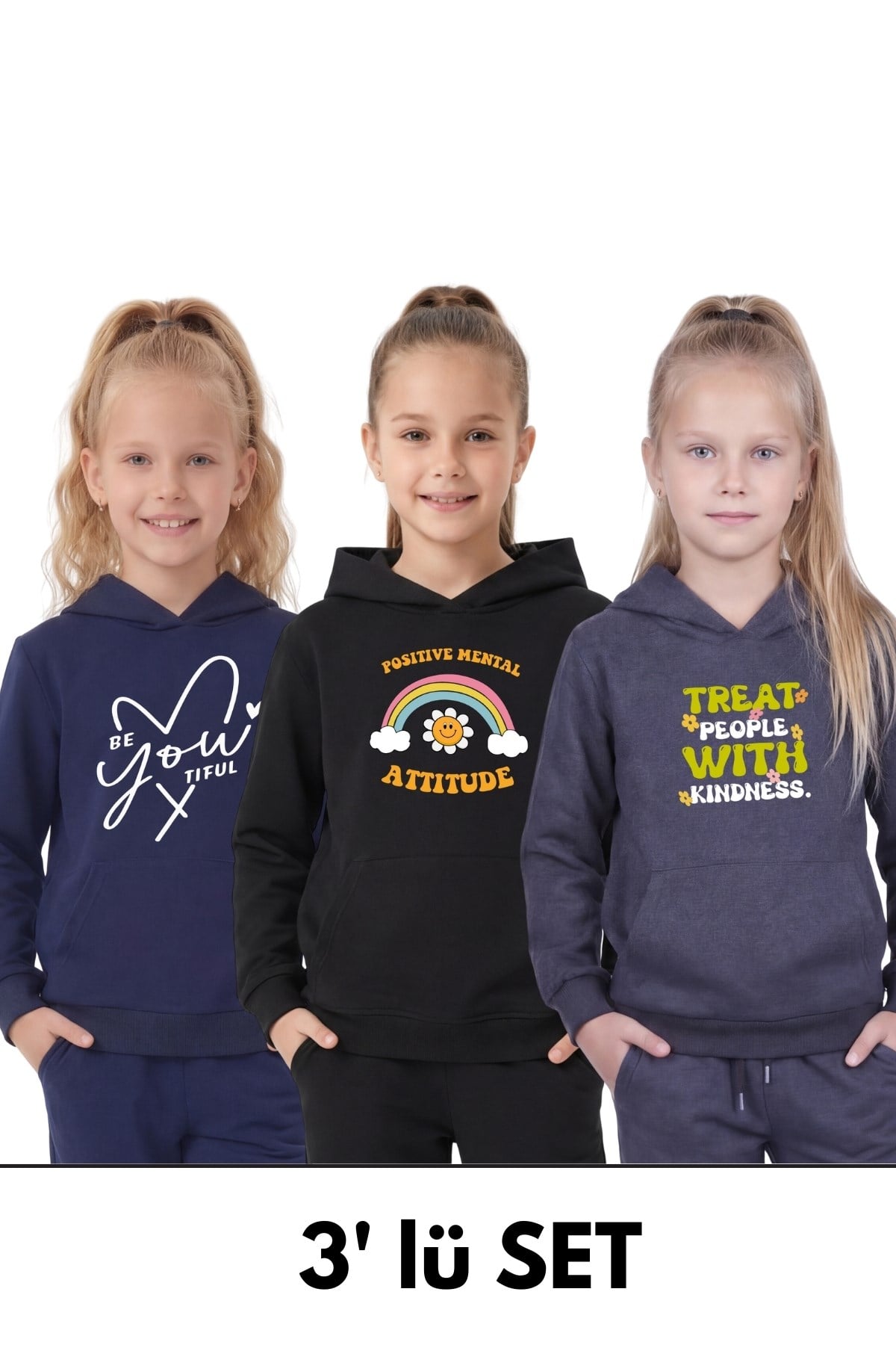 3'lü Kanguru Cepli Kapüşonlu Karışık Baskı Detaylı Kız Çocuk Sweatshirt