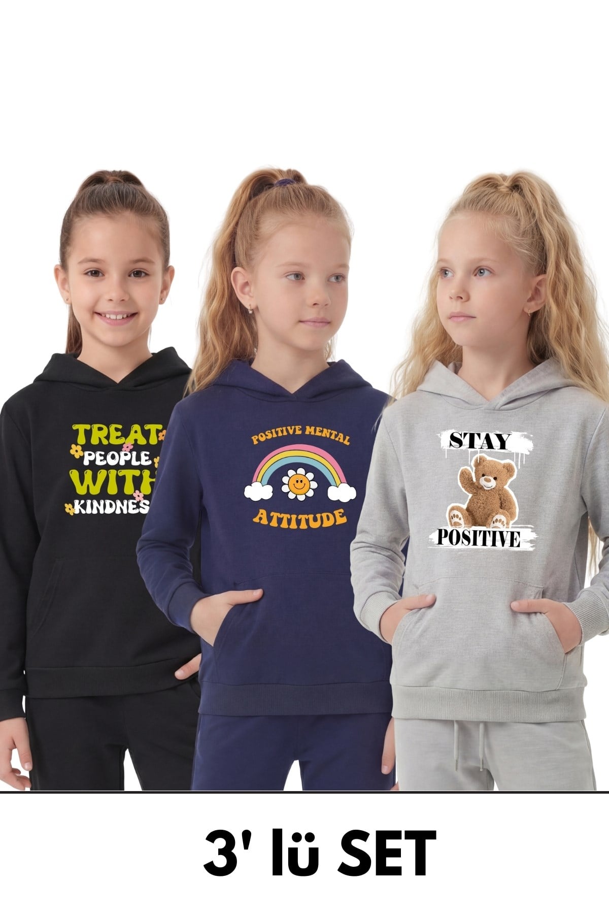 3'lü Kanguru Cepli Kapüşonlu Karışık Baskı Detaylı Kız Çocuk Sweatshirt