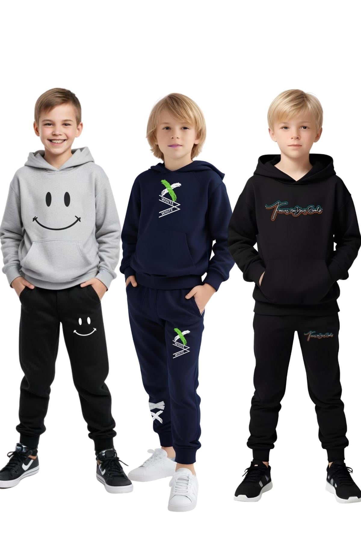 3'lü KAPÜŞONLU BASKI DETAYLI ERKEK ÇOCUK EŞOFMAN TAKIMI
