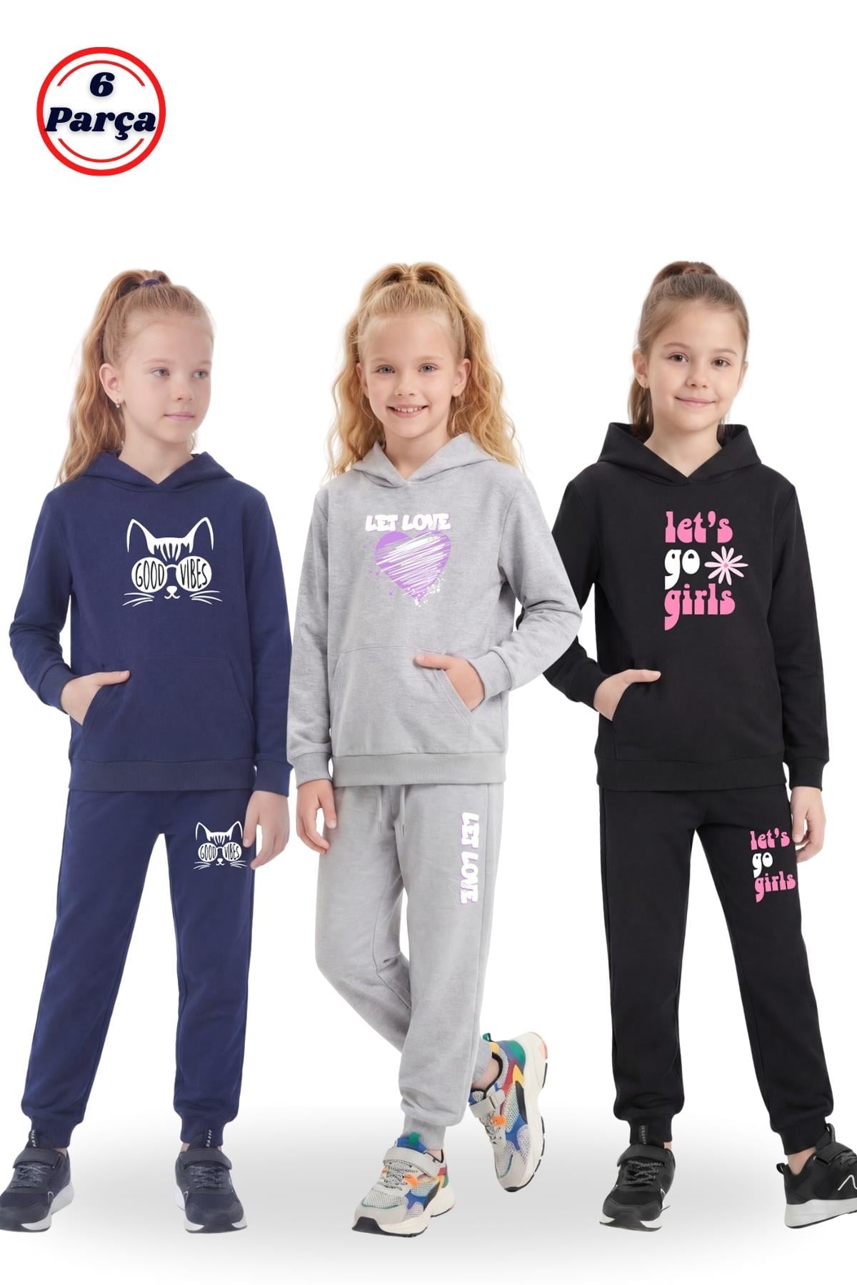 3'lü Kapüşonlu Kanguru Cepli Baskı Detaylı 6 Parça Kız Çocuk Eşofman Takımı