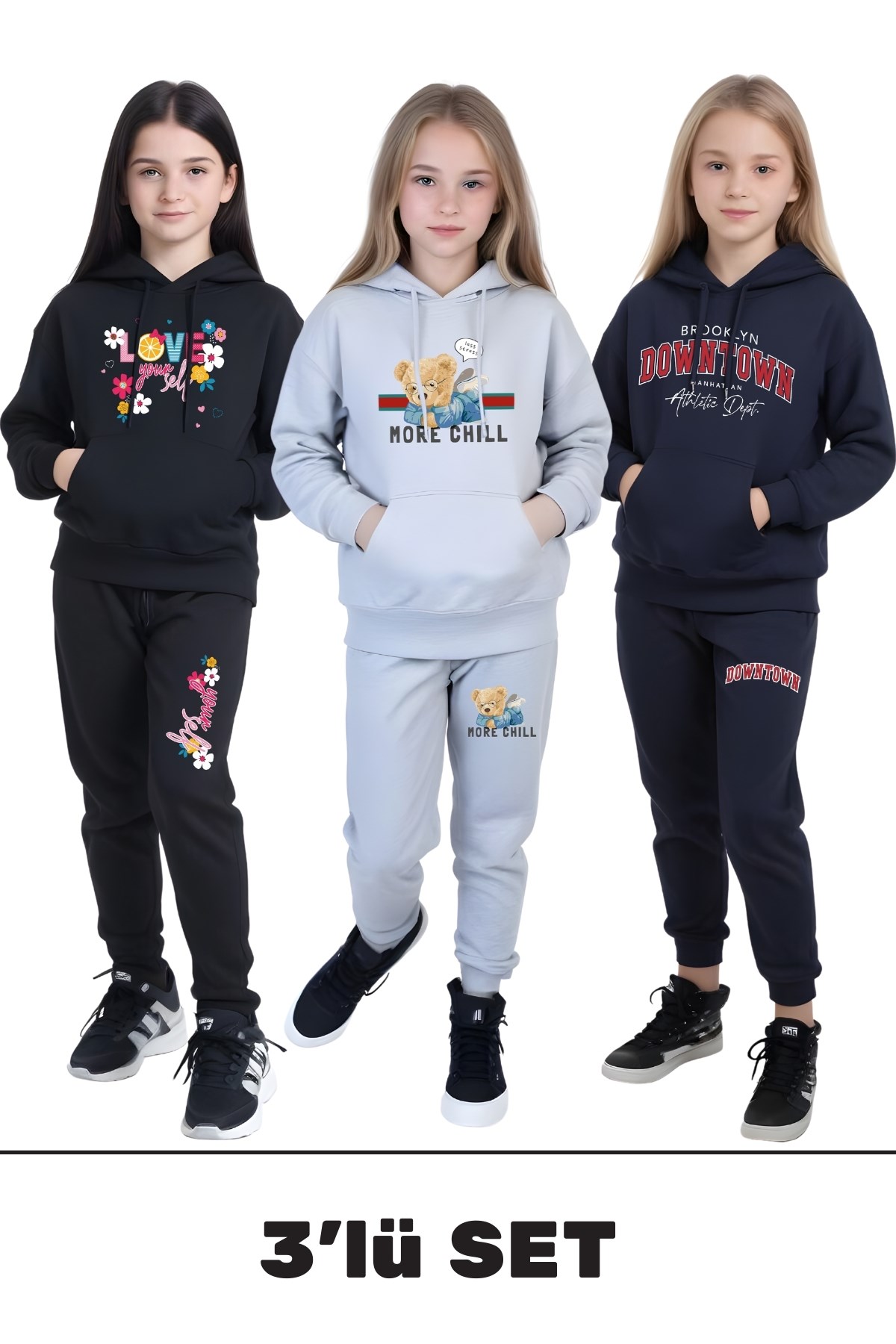 3'lü KIZ ÇOCUK KANGURU CEPLİ BASKI DETAYLI EŞOFMAN TAKIMI