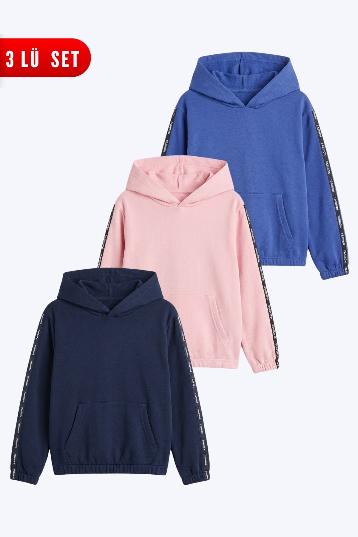 3'lü Kız Çocuk Kapüşonlu Kanguru Cepli Şerit Detaylı Sweatshirt