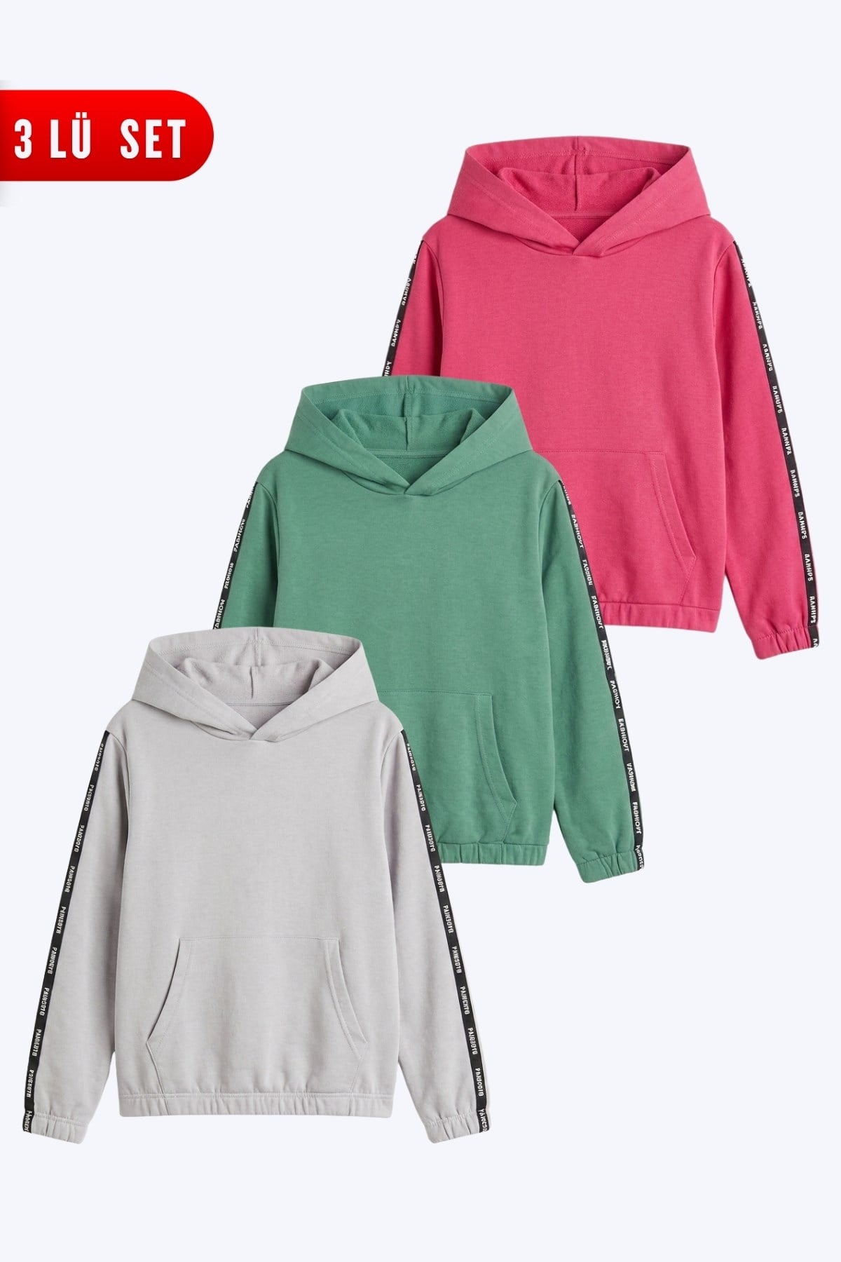 3'lü Kız Çocuk Kapüşonlu Kanguru Cepli Şerit Detaylı Sweatshirt
