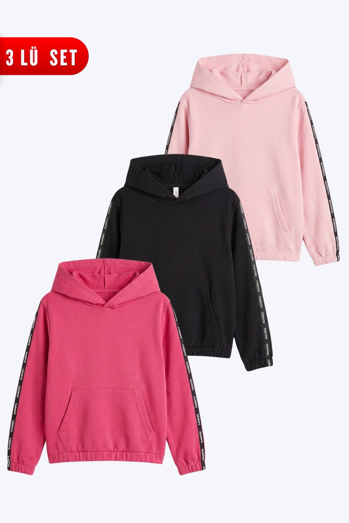 3'lü Kız Çocuk Kapüşonlu Kanguru Cepli Şerit Detaylı Sweatshirt