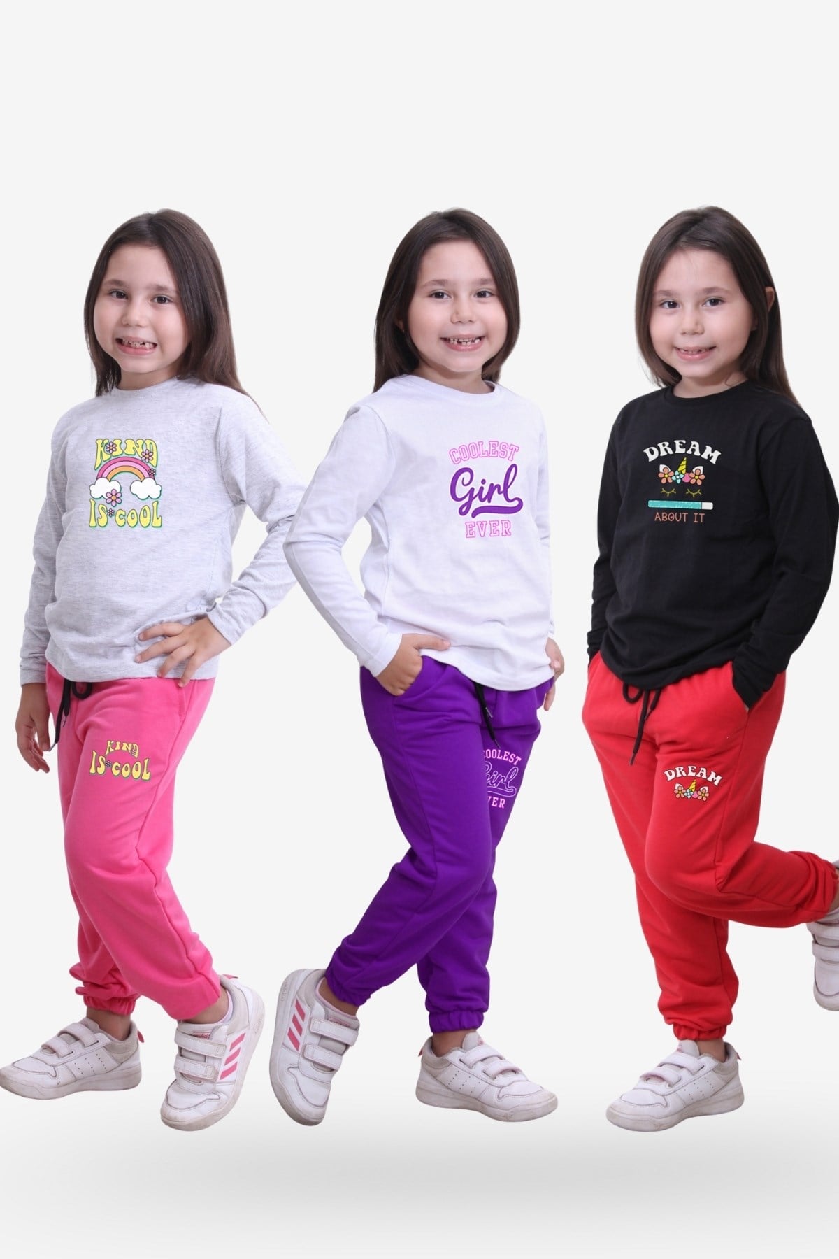 3'lü Kız Çocuk Yuvarlak Yaka Baskı Detaylı Alt-üst Pijama Takimi