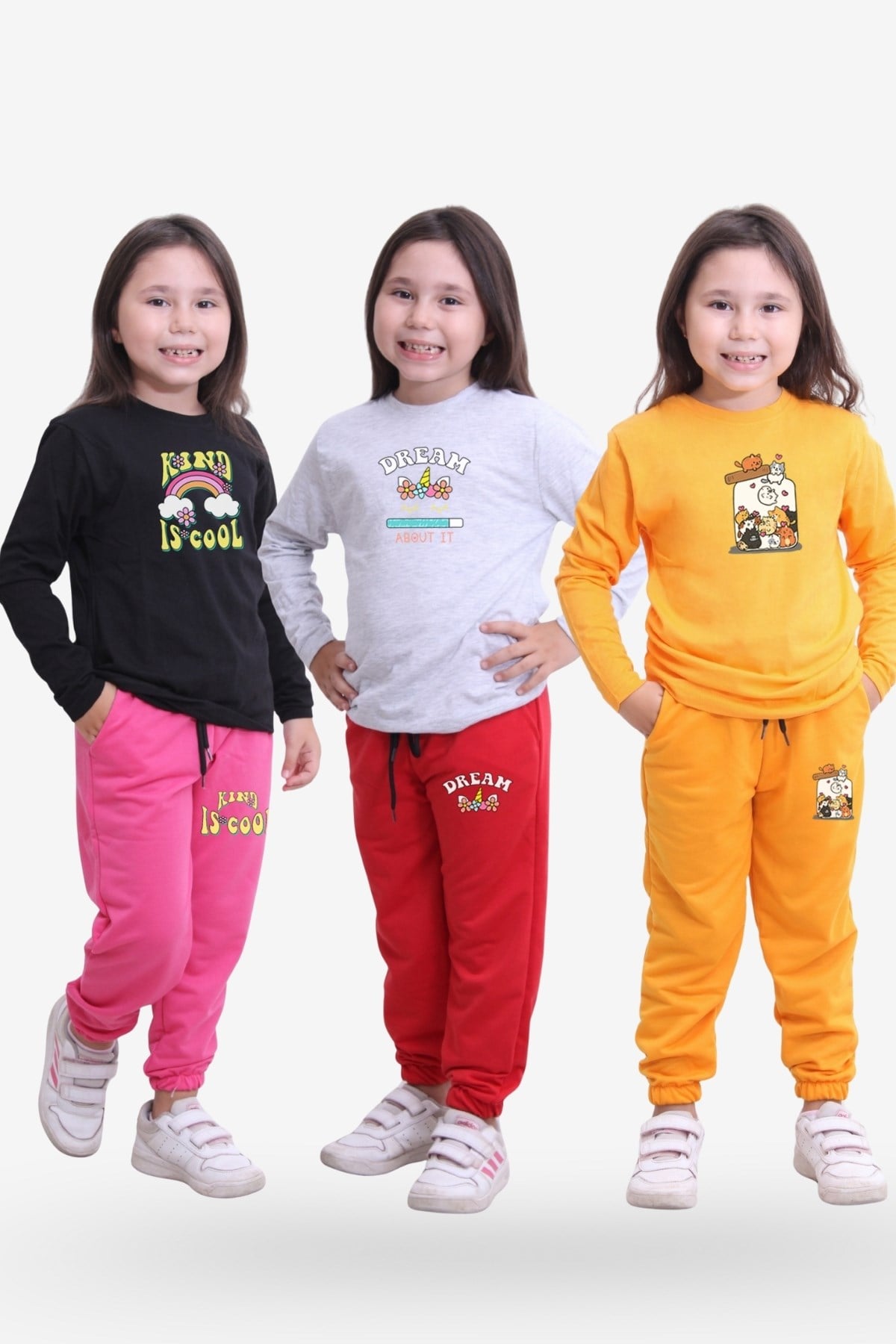 3'lü Kız Çocuk Yuvarlak Yaka Baskı Detaylı Alt-üst Pijama Takimi