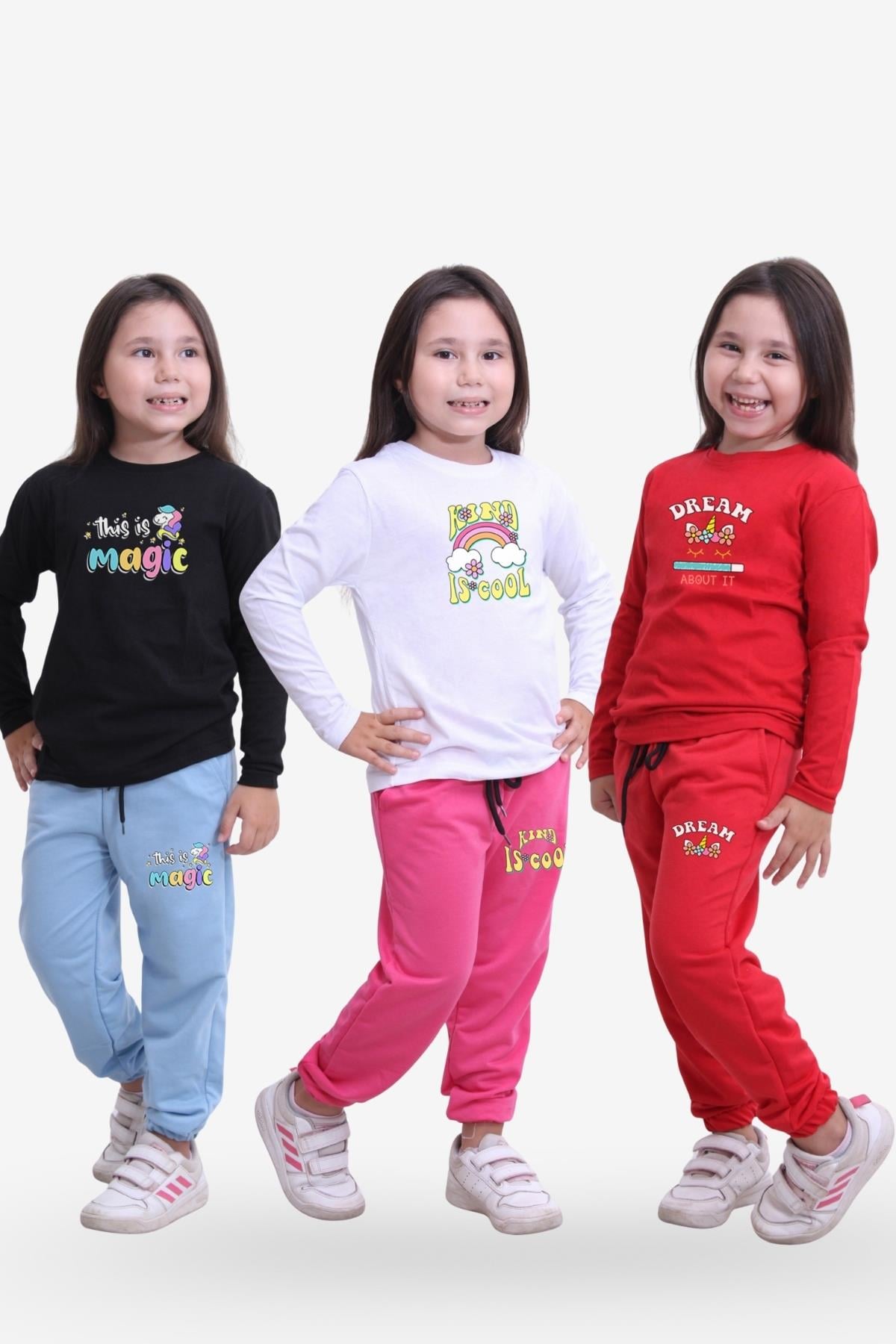 3'lü Kız Çocuk Yuvarlak Yaka Baskı Detaylı Alt-üst Pijama Takimi
