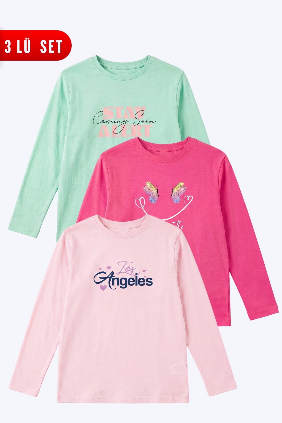 3'lü Kız Çocuk Yuvarlak Yakalı Baskı Detaylı Sweatshirt